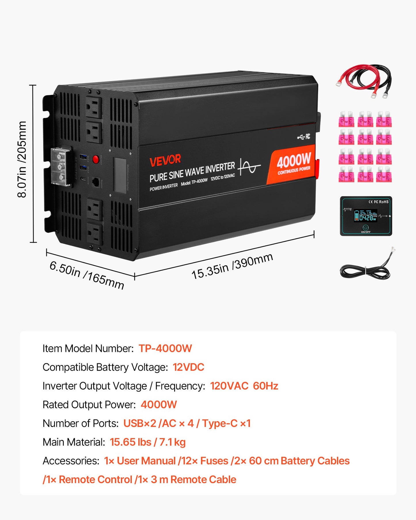 4000W Power Inverter, 12V DC to 120V AC Pure Sine Wave Inverter, Solar Car Charger Converter with LCD Display, Remote Control, 2 USB Ports, 4 AC Outlets, Type-C Port, for RV, Truck Outdoor