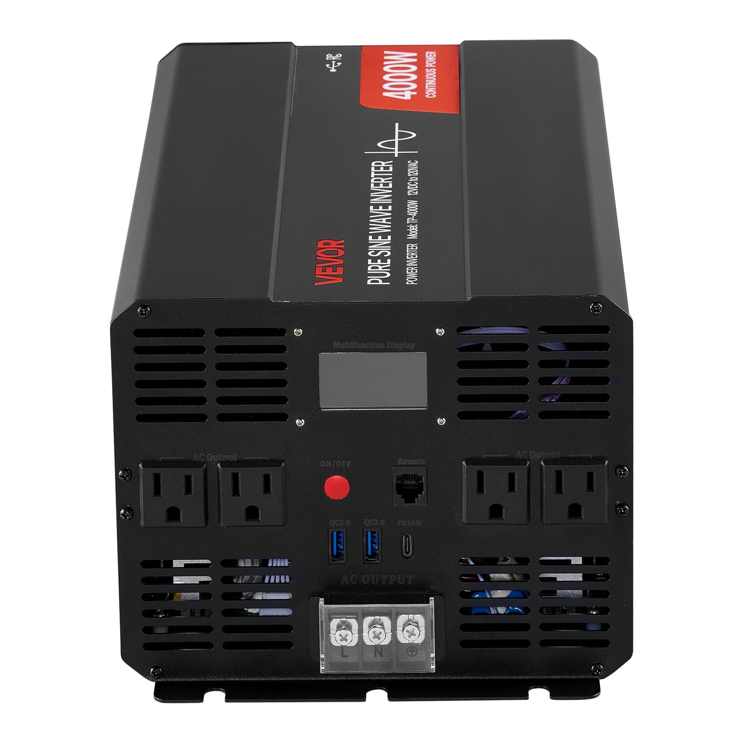 4000W Power Inverter, 12V DC to 120V AC Pure Sine Wave Inverter, Solar Car Charger Converter with LCD Display, Remote Control, 2 USB Ports, 4 AC Outlets, Type-C Port, for RV, Truck Outdoor