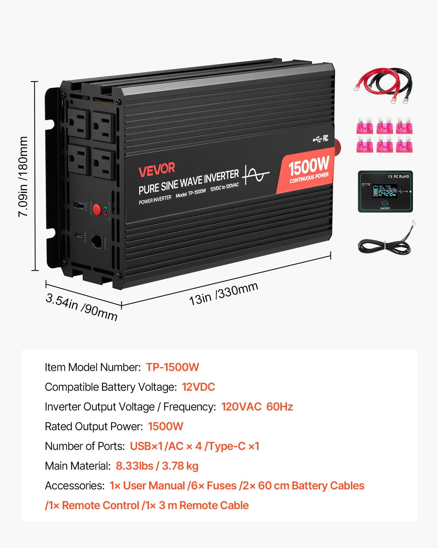 1500W Power Inverter, 12V DC to 120V AC Pure Sine Wave Inverter, Car Charger Converter with Remote Control, USB & Type-C Ports, 4 AC Outlets, Fast-charging for RV, Truck Outdoor Camping