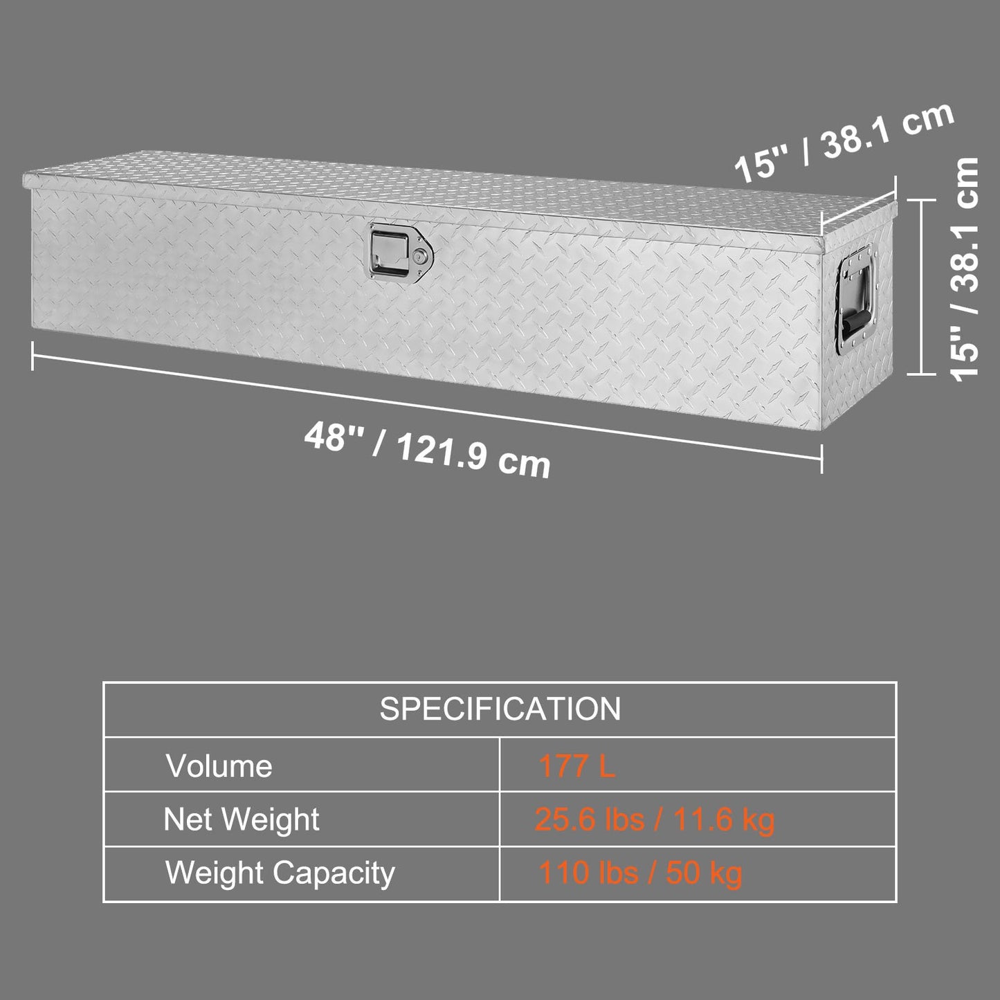 Heavy Duty Aluminum Truck Bed Tool Box, Diamond Plate Tool Box with Side Handle and Lock Keys, Storage Tool Box Chest Box Organizer for Pickup, Truck Bed, RV, Trailer, 48"x15"x15", Silver