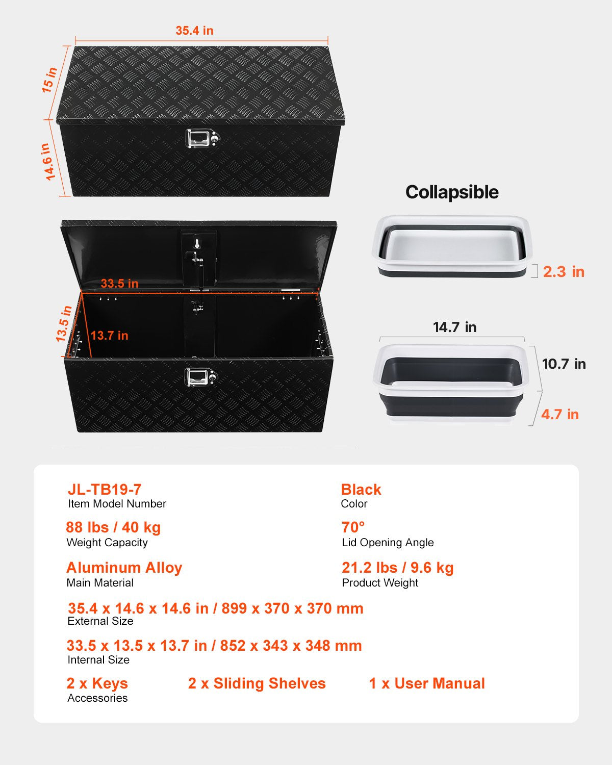Heavy Duty Aluminum Truck Bed Tool Box, Stripes Plated Tool Box with Sliding Shelf, Side Handle, Lock & Keys, Storage Toolbox Chest for Trailer, Pickup, Truck Bed, RV, 35.4"x14.6"x14.6", Black