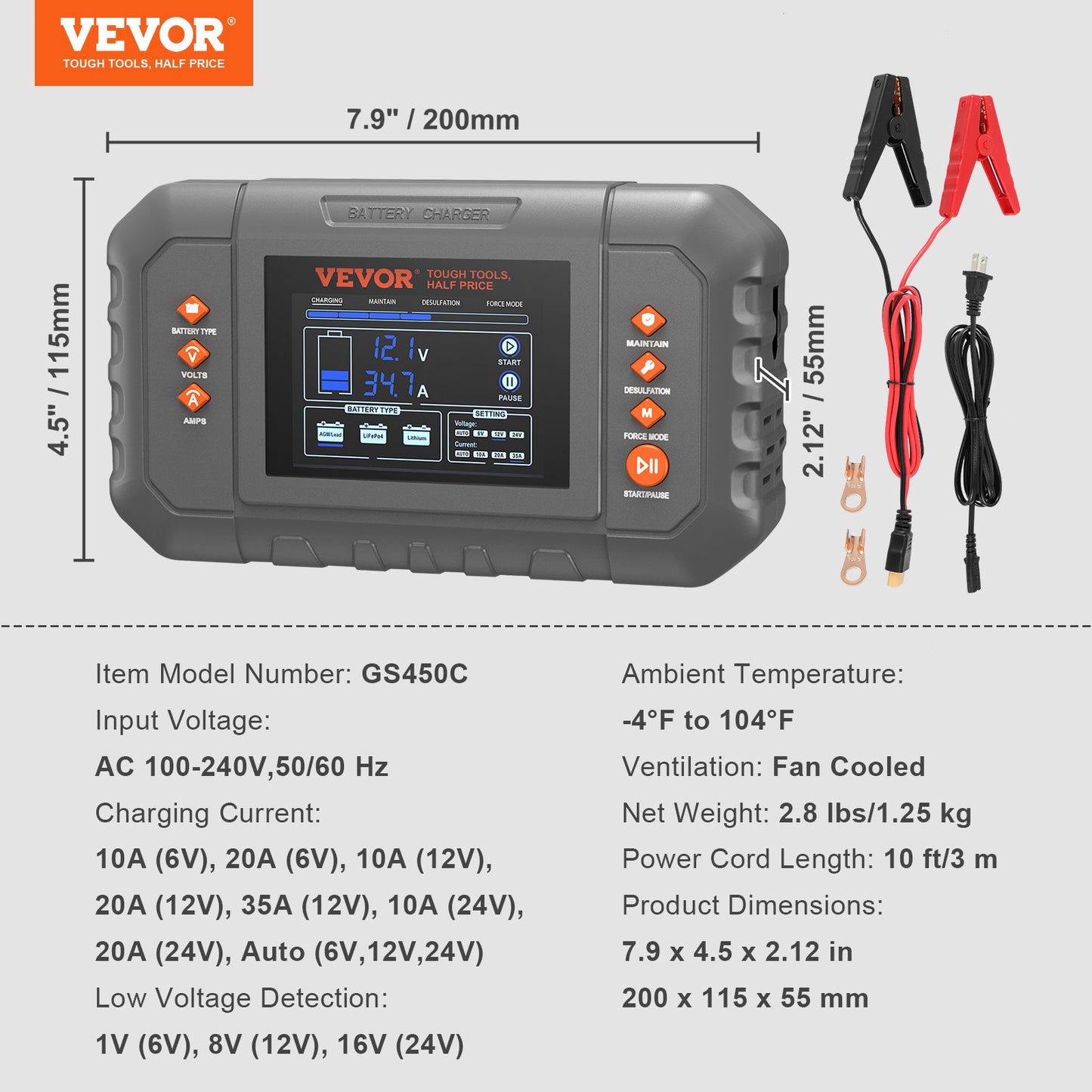 Smart Battery Charger, 35-Amp, Lithium LiFePO4 Lead-Acid (AGM / Gel / SLA) Car Battery Charger with LCD Display, Trickle Charger Maintainer Desulfator for Boat Motorcycle Lawn Mower Deep Cycle