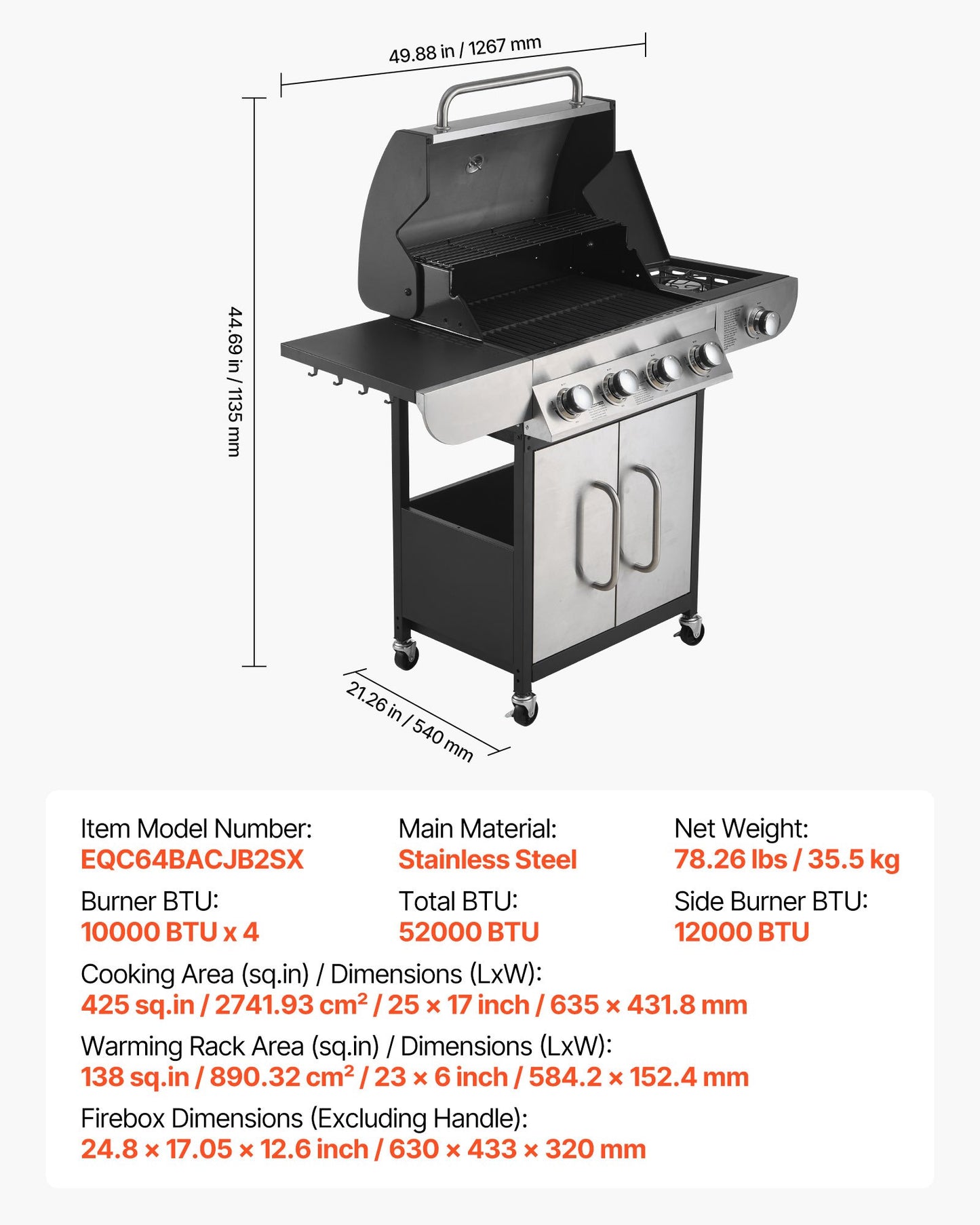 Gas Grill, 4 Burner Propane Gas Grill with Side Burner, 425 SQ.In Grilling Area, Carbon Steel Enamel Grates, Outdoor 52,000 BTU Patio Garden BBQ Grills with Two Side Shelves, Stainless Steel