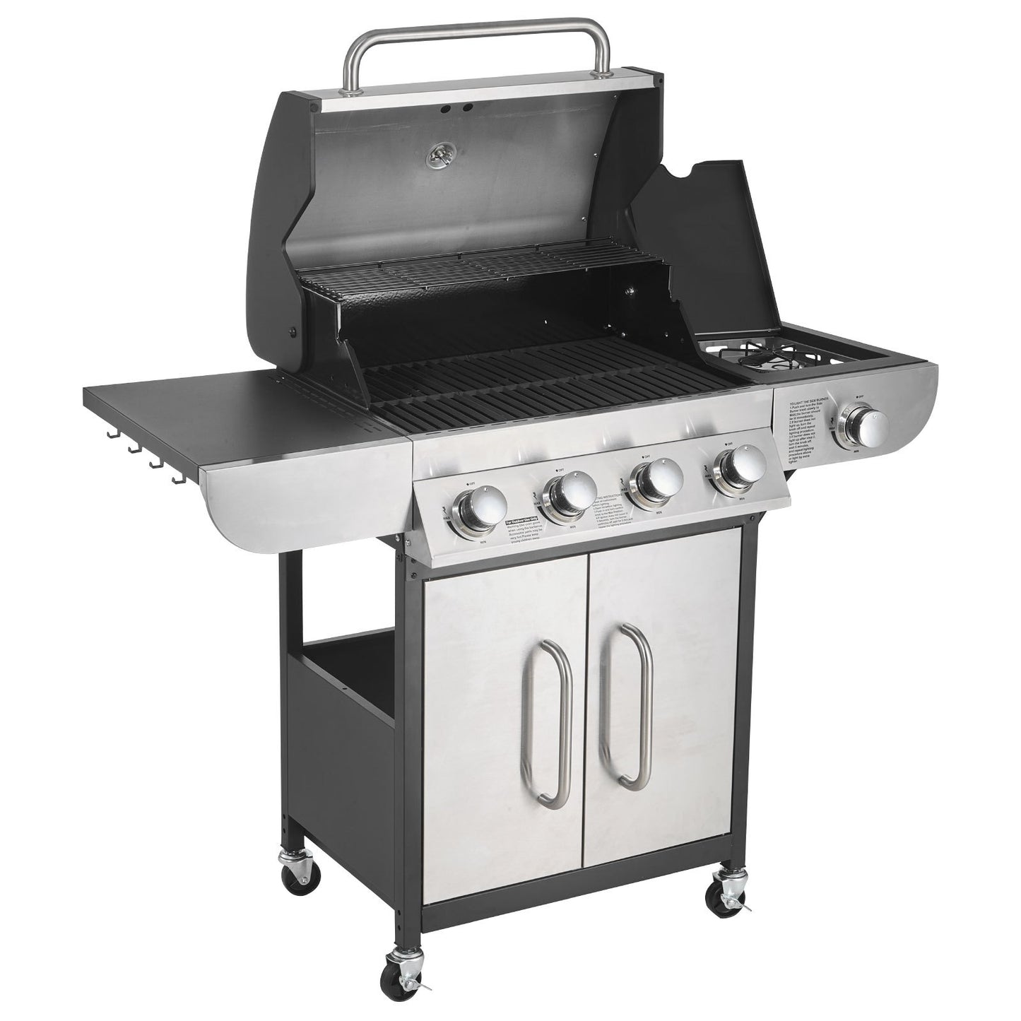 Gas Grill, 4 Burner Propane Gas Grill with Side Burner, 425 SQ.In Grilling Area, Carbon Steel Enamel Grates, Outdoor 52,000 BTU Patio Garden BBQ Grills with Two Side Shelves, Stainless Steel