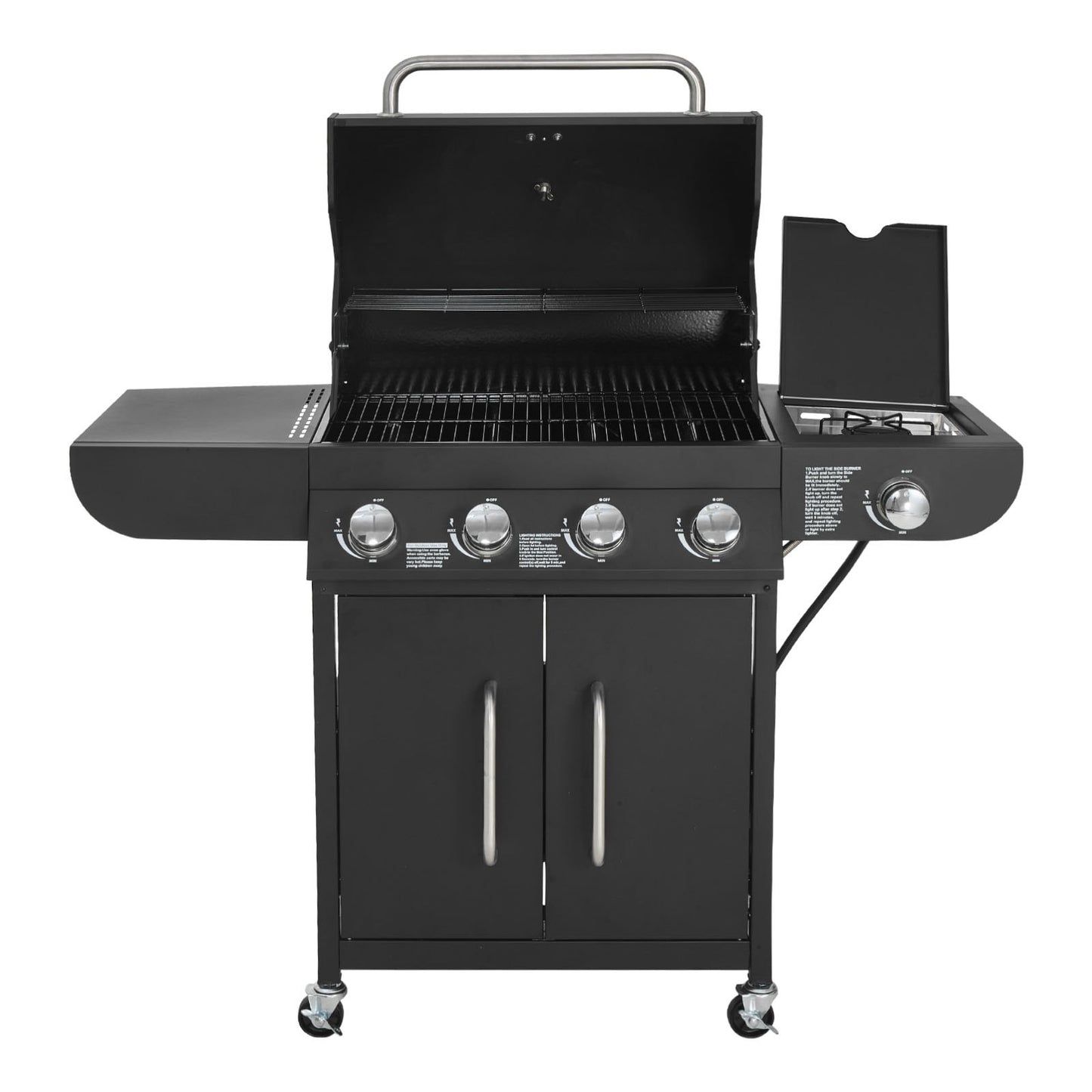 Gas Grill, 4 Burner Propane Gas Grill with Side Burner, 425 SQ.In Grilling Area, Carbon Steel Enamel Grates, Outdoor 52,000 BTU Patio Garden BBQ Grills with Two Side Shelves, Carbon Steel