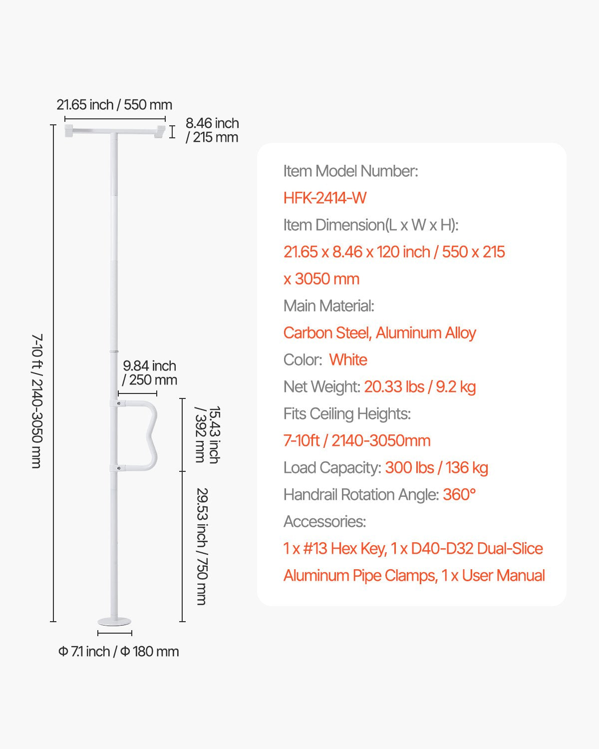 Floor-to-Ceiling Transfer Pole, Tension Mounted Bathroom Grab Bar with Anti-Slip Curve Handle, 300 Lbs Capacity Security Pole for Elderly, Ideal Senior Safety Pole for 7-10 Ft Ceilings, White