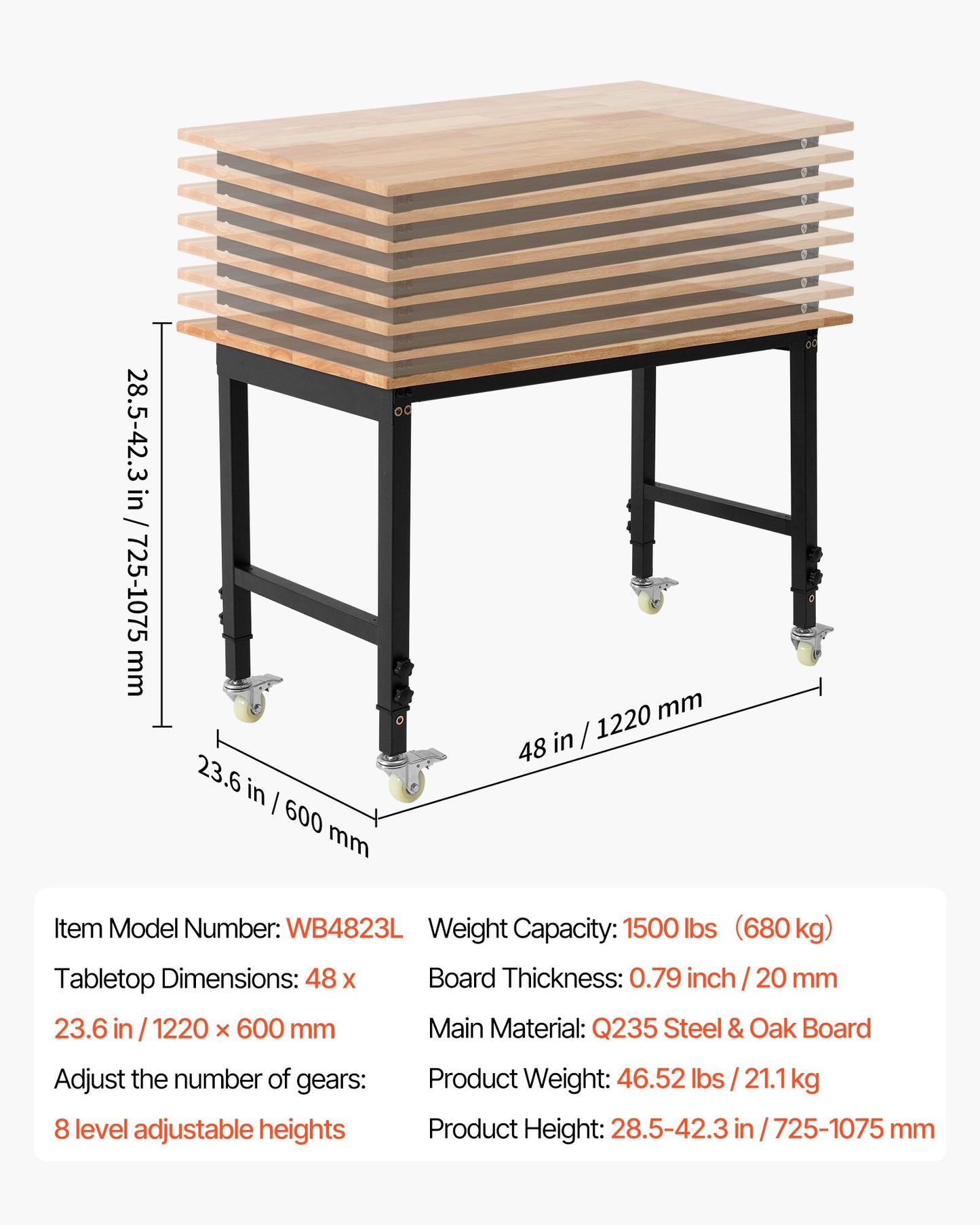 Adjustable Workbench on Wheels, 1500 lbs Capacity, 48 x 24 Inch Oak Wood Top Workbench with 28.5-42.3 Inch Height Adjustment, Heavy-Duty Hardwood Worktable for Garage, Workshop, Home, Office