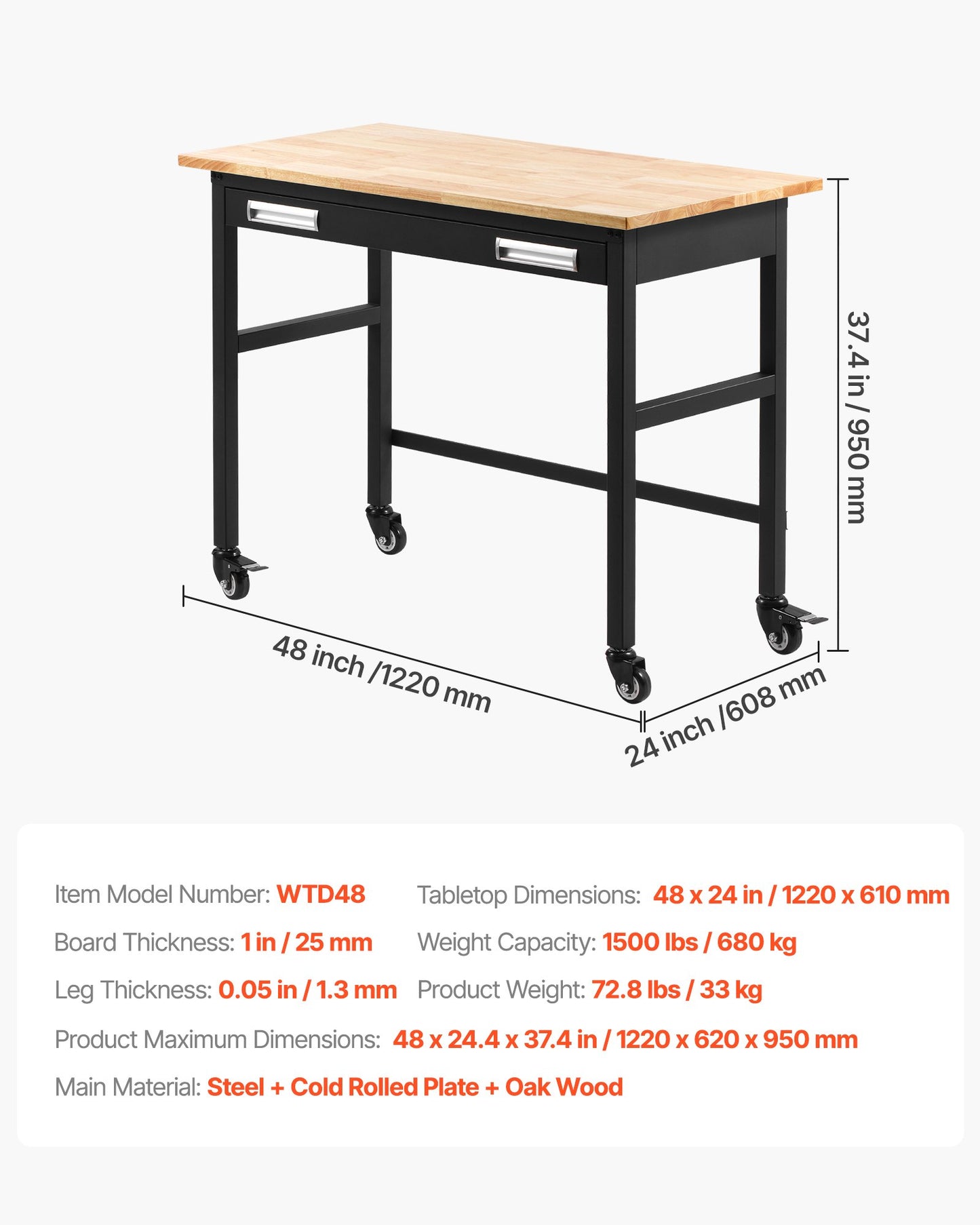 48-inch Workbench, 1500 lbs Load Capacity, Garage Workbench with Drawer Storage & Wheels, Workshop Bench on Wheels, Heavy Duty Oak Wood Top Work Table for Garage, Workshop, Office, and Home