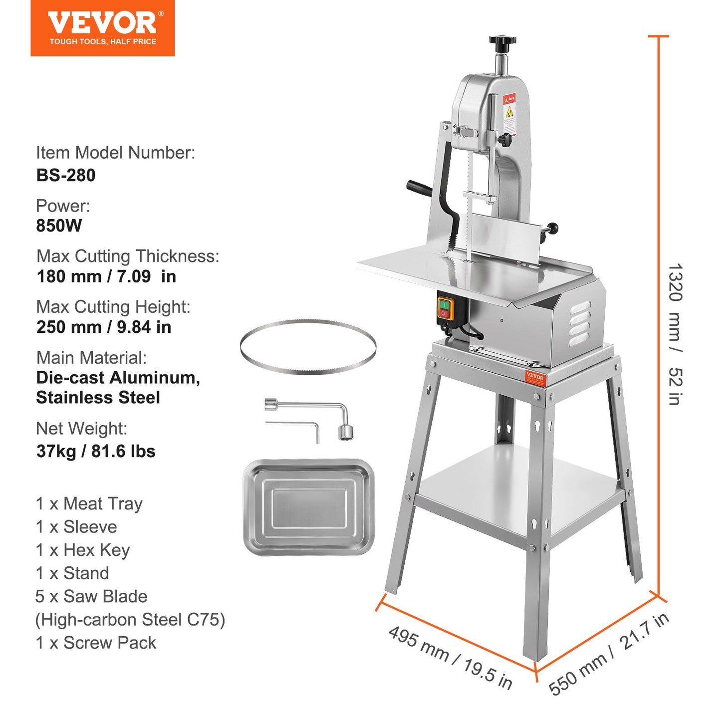 Electric Meat Saw, 850W Stainless Vertical Cutter, 19.1"x15" Workbench, 7.09" Cutting Thickness, Includes 5 Blades for Slicing Frozen Meat, Pork, Beef, and Ribs