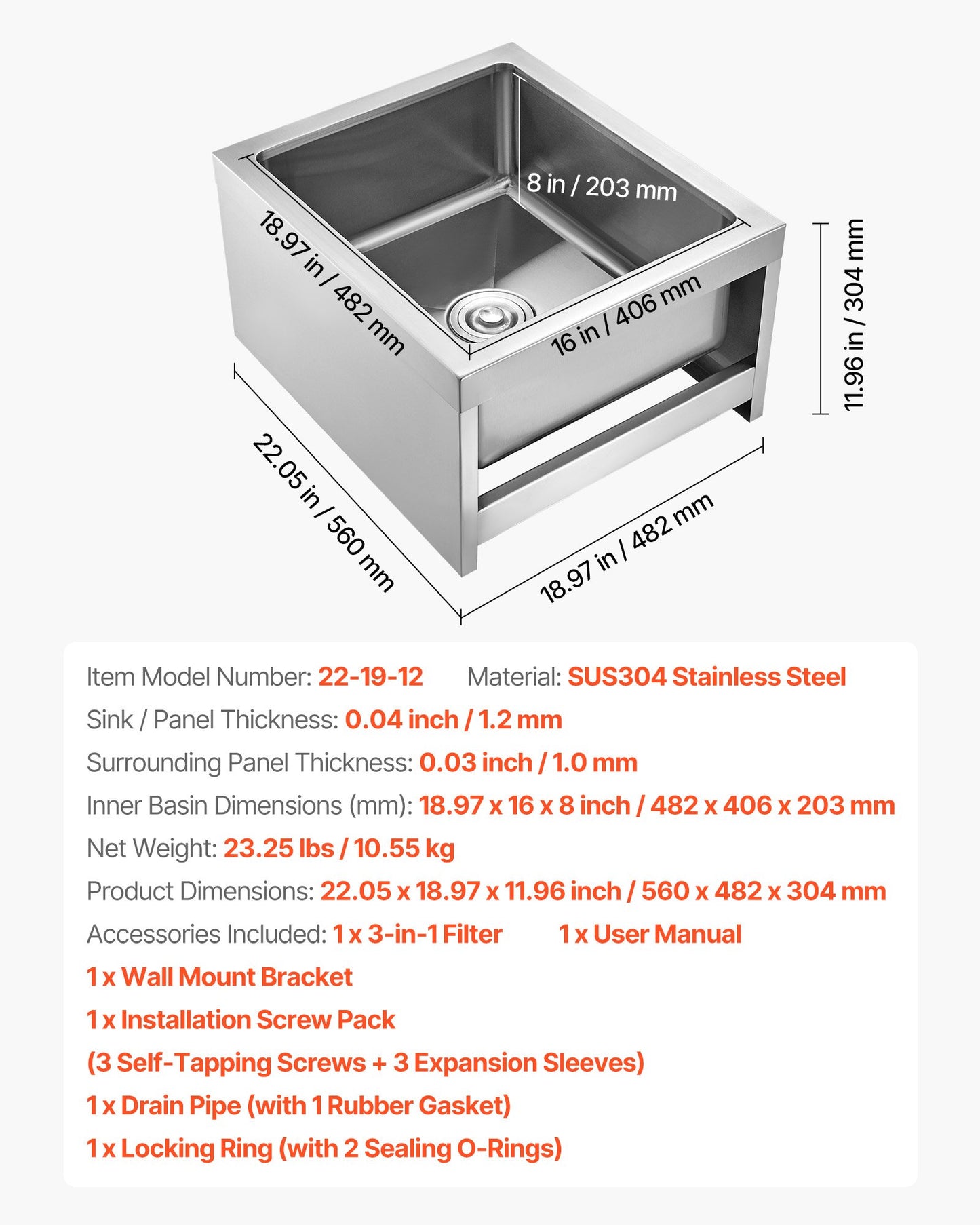 Stainless Steel Floor Mop Sink, 22 x 19 x 12 in, 304 Stainless Steel, with 3-in-1 Filter and Wall-Mounted Bracket, X-Shaped Groove for Quick and Smooth Drainage, for Balcony and Bathroom