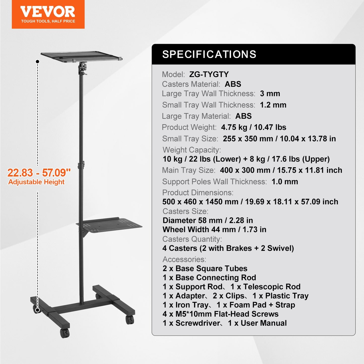 Projector Stand with Wheels, Projector Floor Stand Adjustable Height from 22.8 to 57.3 in, Projector Mount with 2 Trays, Ideal for Outdoor Movies, Home, Office, Stage and Studio, Black