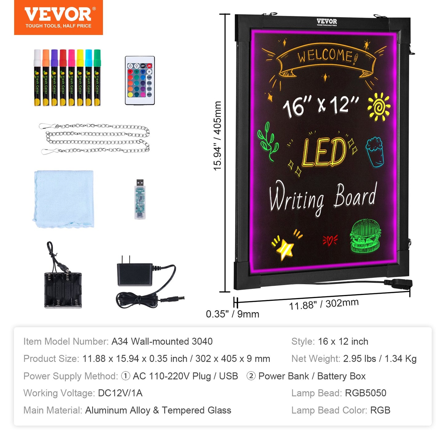 LED Message Writing Board, 16"x12" Illuminated Erasable Lighted Chalkboard, Neon Effect Menu Sign Board, Drawing Board with 8 Fluorescent Chalk Markers and Remote Control, for Home Wedding Shop
