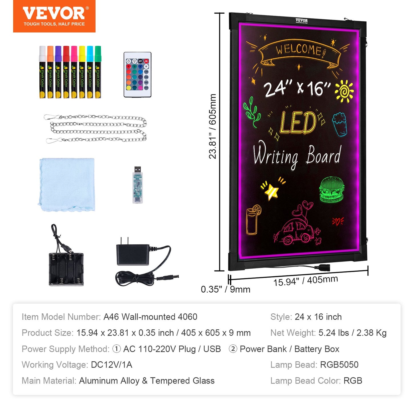 LED Message Writing Board, 24"x16" Illuminated Erasable Lighted Chalkboard, Neon Effect Menu Sign Board, Drawing Board with 8 Fluorescent Chalk Markers and Remote Tested to UL Standards