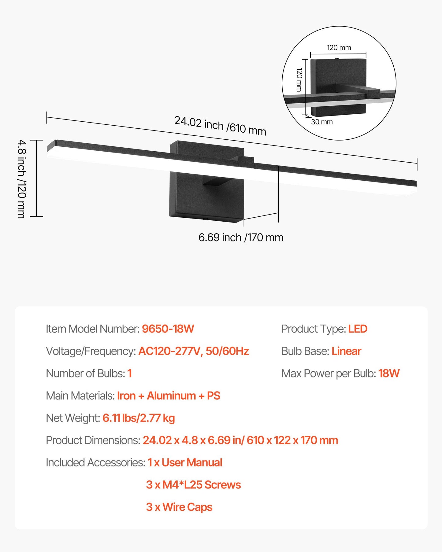 Bathroom Vanity Light Bar, 24.02-Inch, LED Modern Light Fixture Over Mirror, with 360° Rotatable, IP44 Waterproof, 18W, 6000K, Wall Lighting for Bathroom, Living Room, Bedroom, Hallway, Black