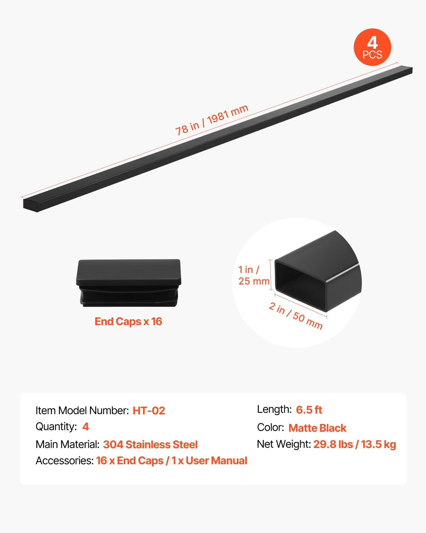 4 Pack 6.5 ft Stainless Steel Handrail, Rectangular Top Stair Deck Hand Rail for Outdoor/Indoor Steps with End Cap,Matte Black Coating Adjustable Metal Stair Rail for Cable Railing Kit