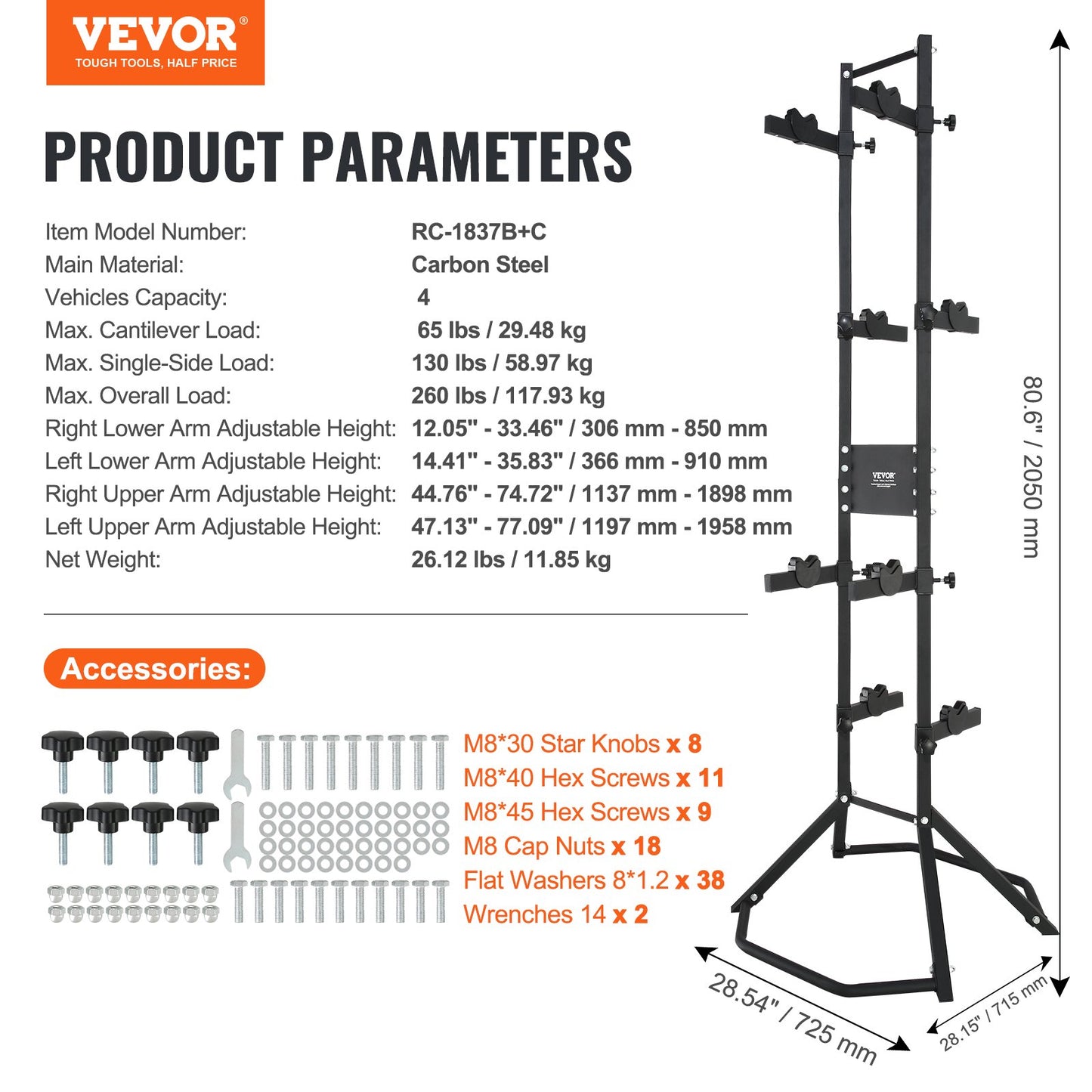 4 Bike Storage Rack, Free Standing Gravity Wall Vertical Bike Rack, Fully Adjustable Bike Rack Garage, Sturdy Steel & Easy Assemble, for Garage, Living Room, Shed, Holds Up to 260 lbs Black