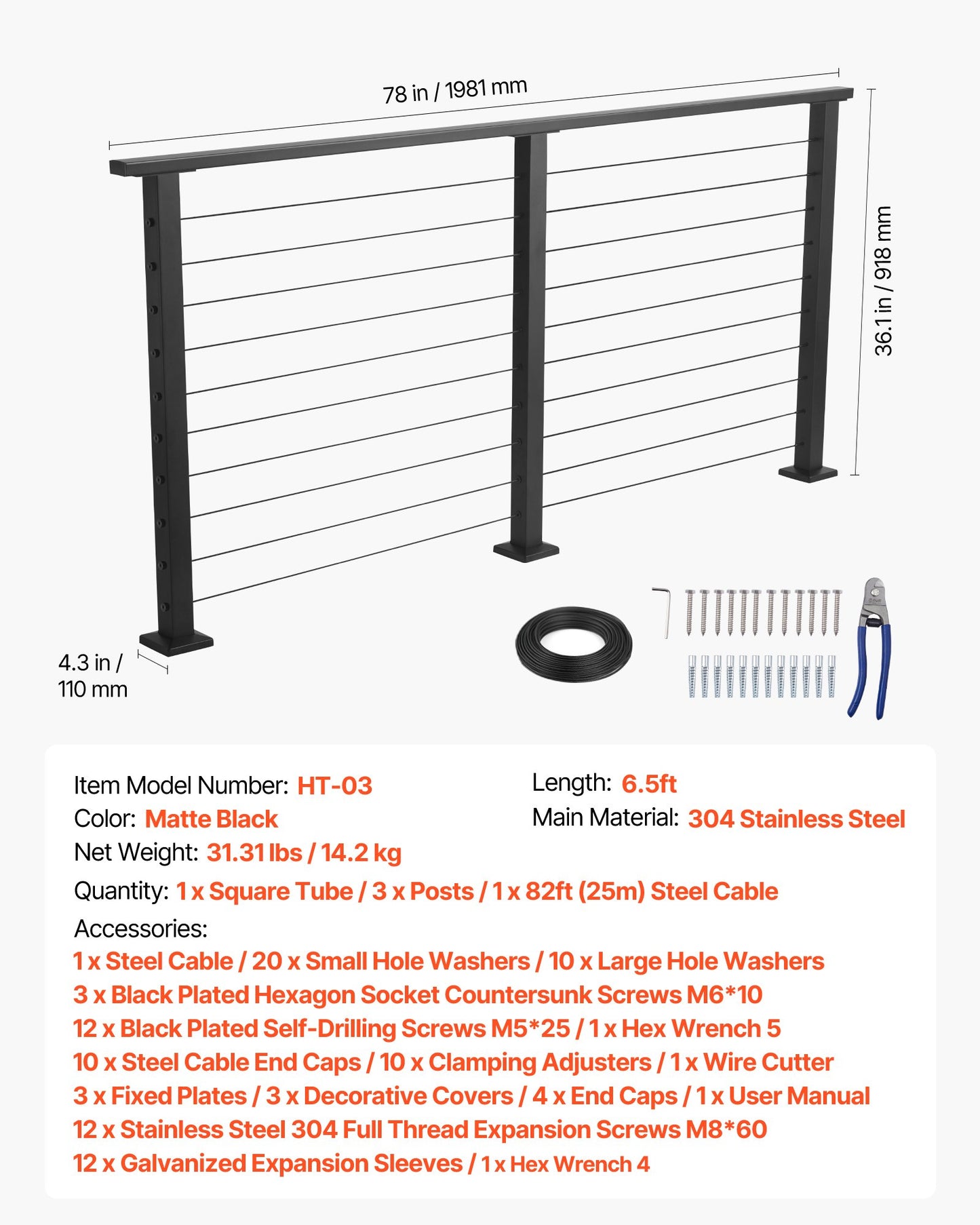 6.5 ft Complete Cable Railing Kit with Post, 35 inch Tall Matte Black Stainless Steel Handrail Cuttable for Outdoor/Indoor Steps, Level Hole Drilled Railing Posts System for Stairs,Deck,Balcony