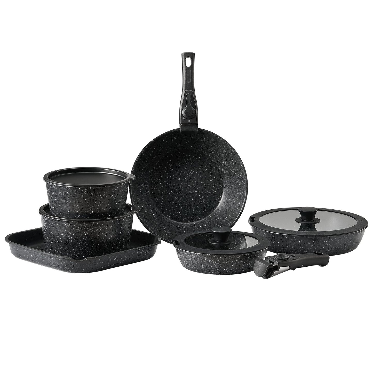 17 Piece Pots and Pans Set, Granite Nonstick Detachable Handle Cookware, Space Saving Induction Cookwares, Kitchen RV Cooking Sets with Frying, Sauce, Saute, Tempered Glass Lid, Oven Safe, Black