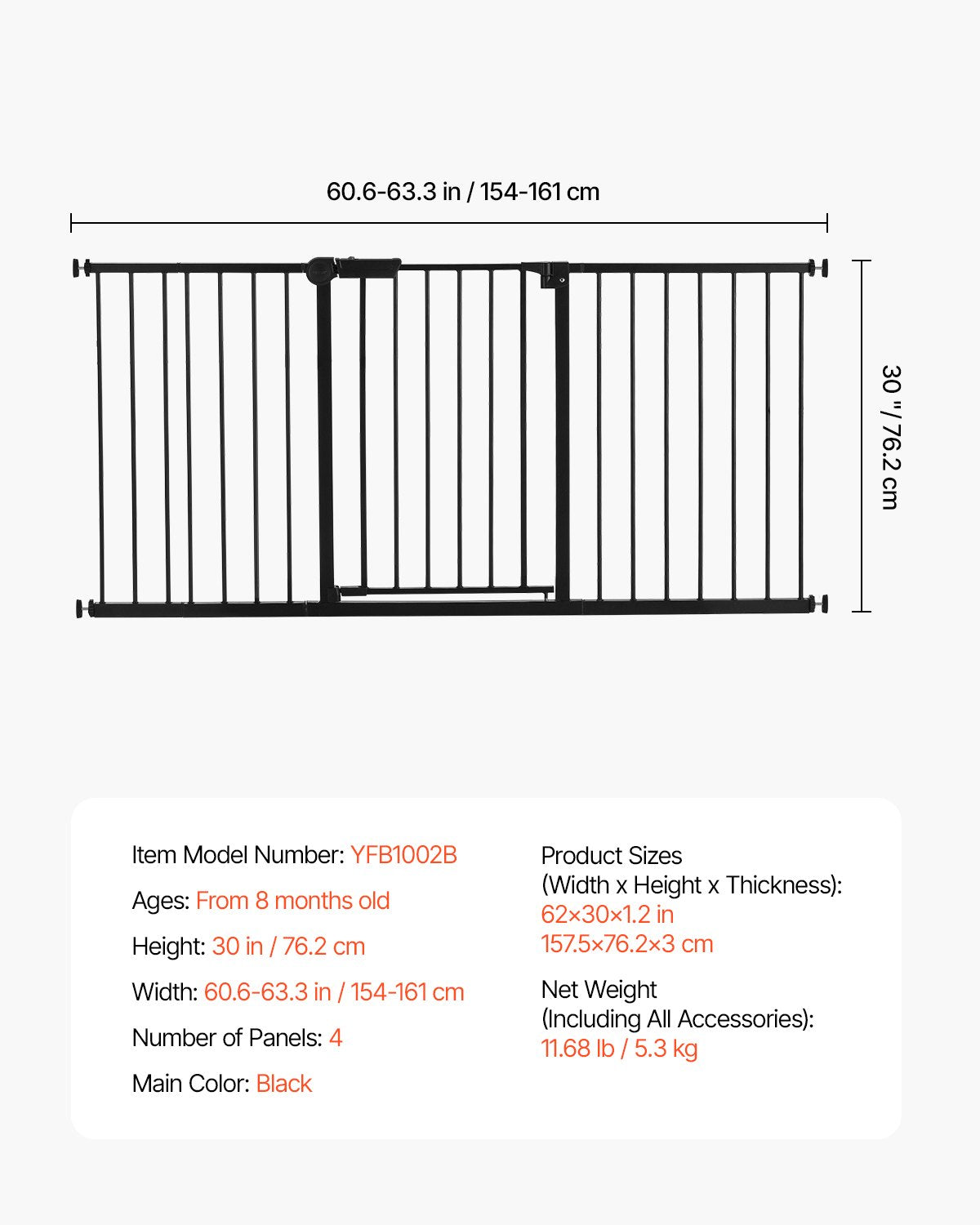 Baby Gate, 60.6-63.3 Inches Adjustable Width, 30 Inches High Dog Gate, Easy Step Walk Thru, for Child Pet Security, Pressure Mount Kit, Wall Cups, One-Hand Open, for Stairs and Doorways, Black
