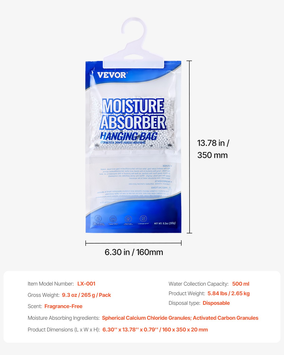 Hanging Moisture Absorber, 9.3 oz Hanging Closet Dehumidifier Bags(10 Packs), Fragrance Free Moisture Bags in Wardrobes, Bedrooms, Bathrooms