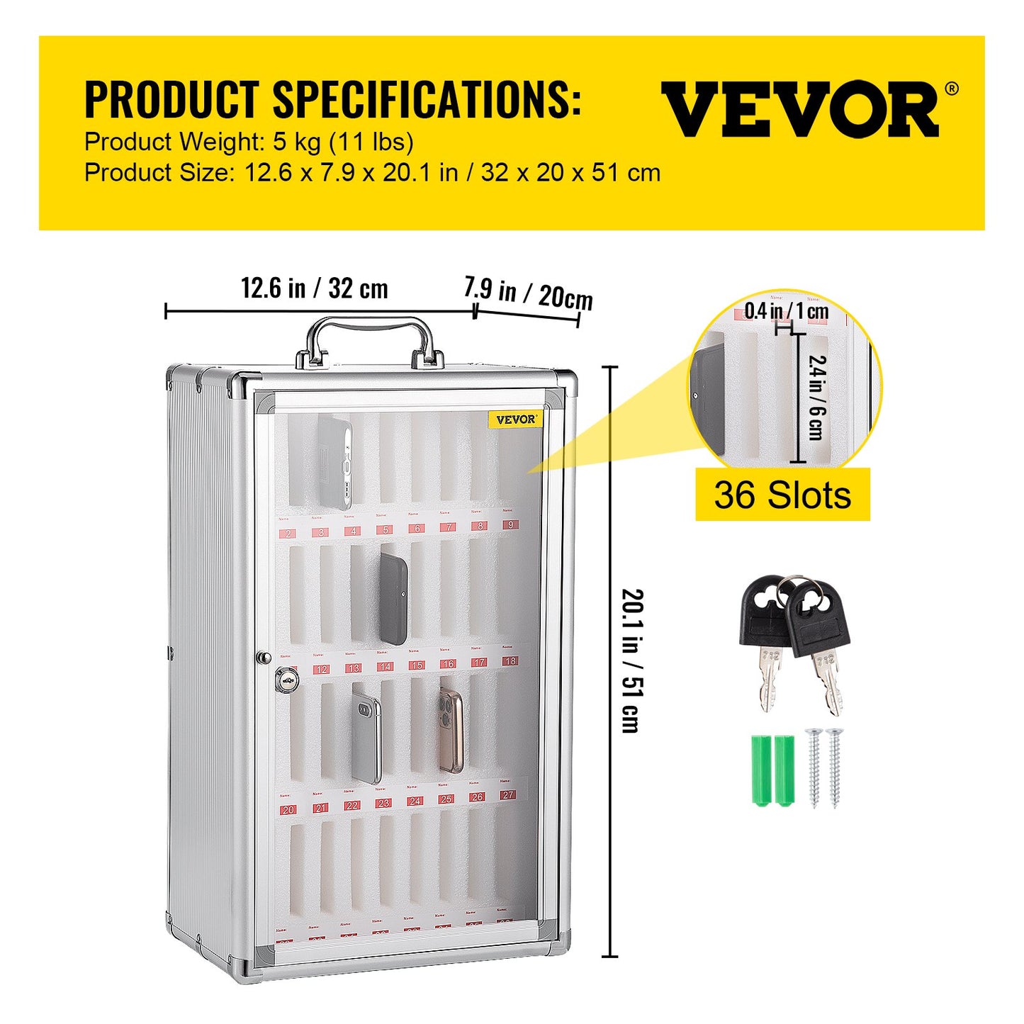 36 Slots Cell Phone Cabinet Silver Aluminum Alloy Pocket Chart Storage Locker Box with Portable Handle, Key Lock & Handwritten Tags, Wall Mounted for Classroom, Office, Gym