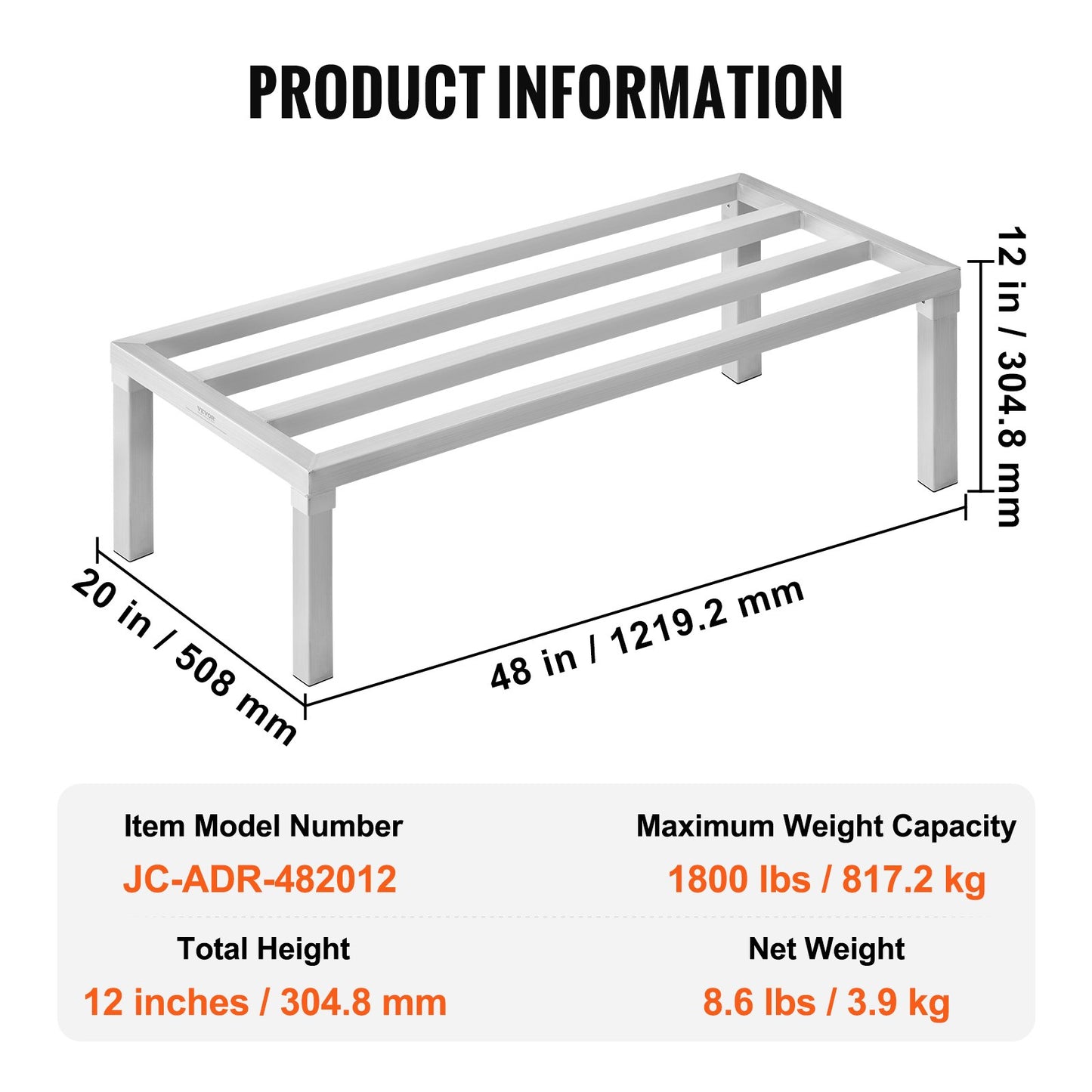 Aluminum Dunnage Rack, 48” x 20” Commercial Food Floor Rack, 12” Off the Floor, 1800 lbs Capacity All-Welded Aluminum Storage Rack, for Storage in Restaurants, Kitchens, Garages and Vehicles
