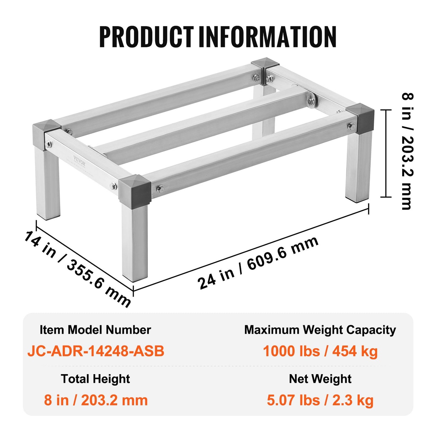 Aluminum Dunnage Rack, 24” x 14” Commercial Food Floor Rack, 8” Off the Floor, 1000 lbs Capacity Adjustable Aluminum Storage Rack, for Storage in Restaurants, Kitchens, Garages and Vehicles