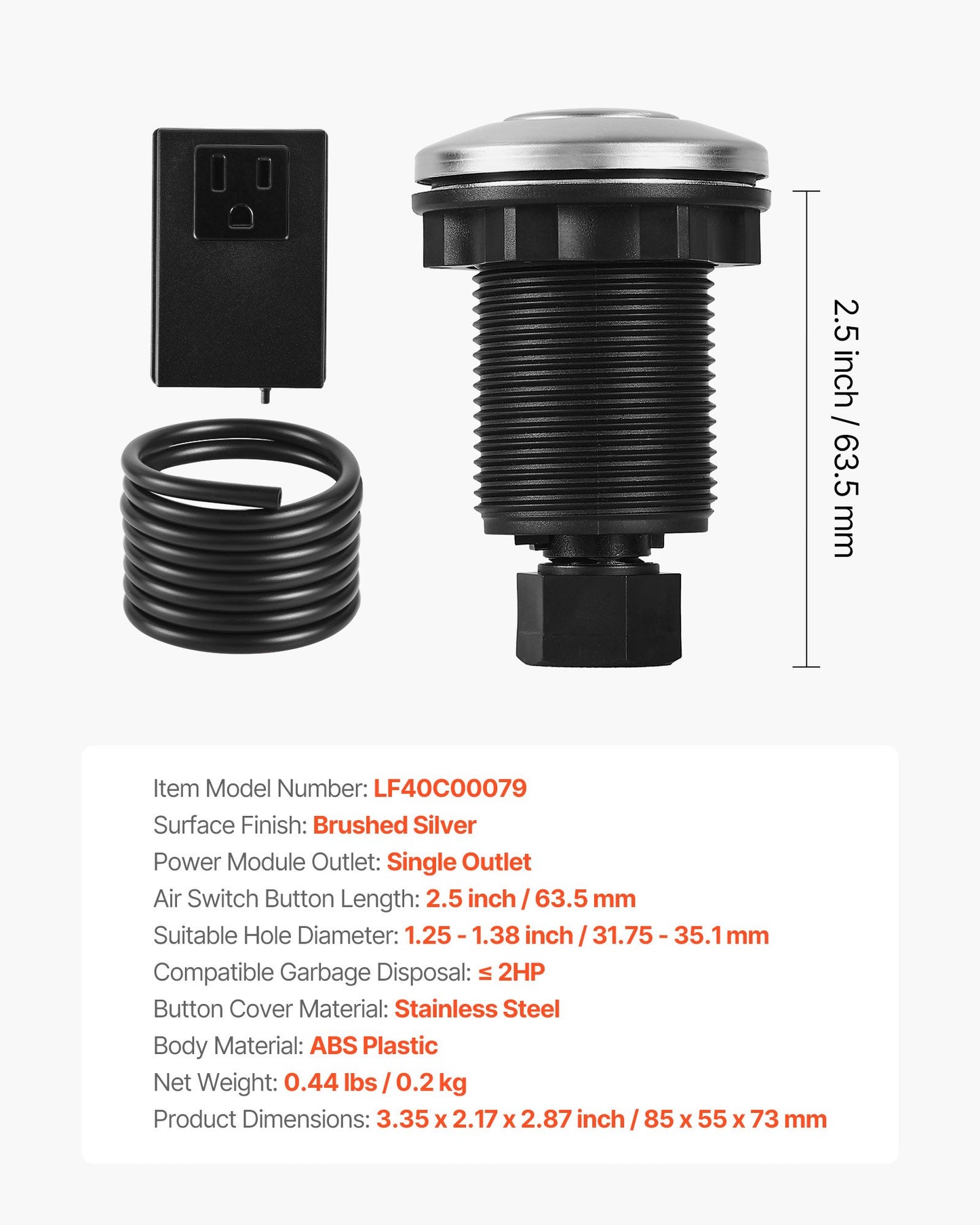 Garbage Disposal Air Switch Kit, 2.5" Sink Top Air Switch for Food Waste Disposal, Brushed Silver Stainless Steel ON/OFF Air Button for Waste Disposer - Suitable for Stainless Steel Countertops