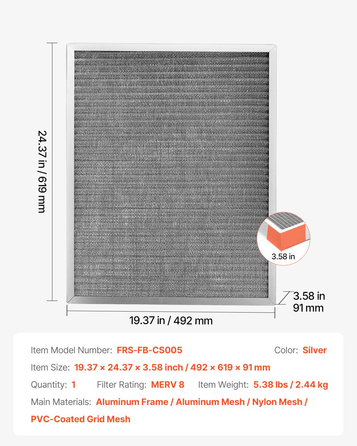 Electrostatic Air Filter, 20x25x4 inch Washable & Reusable Aluminum AC/HVAC Furnace Filter, MERV 8 Long Lifetime, Home or Office (Actual Size: 19.37 x 24.37 x 3.58 in)