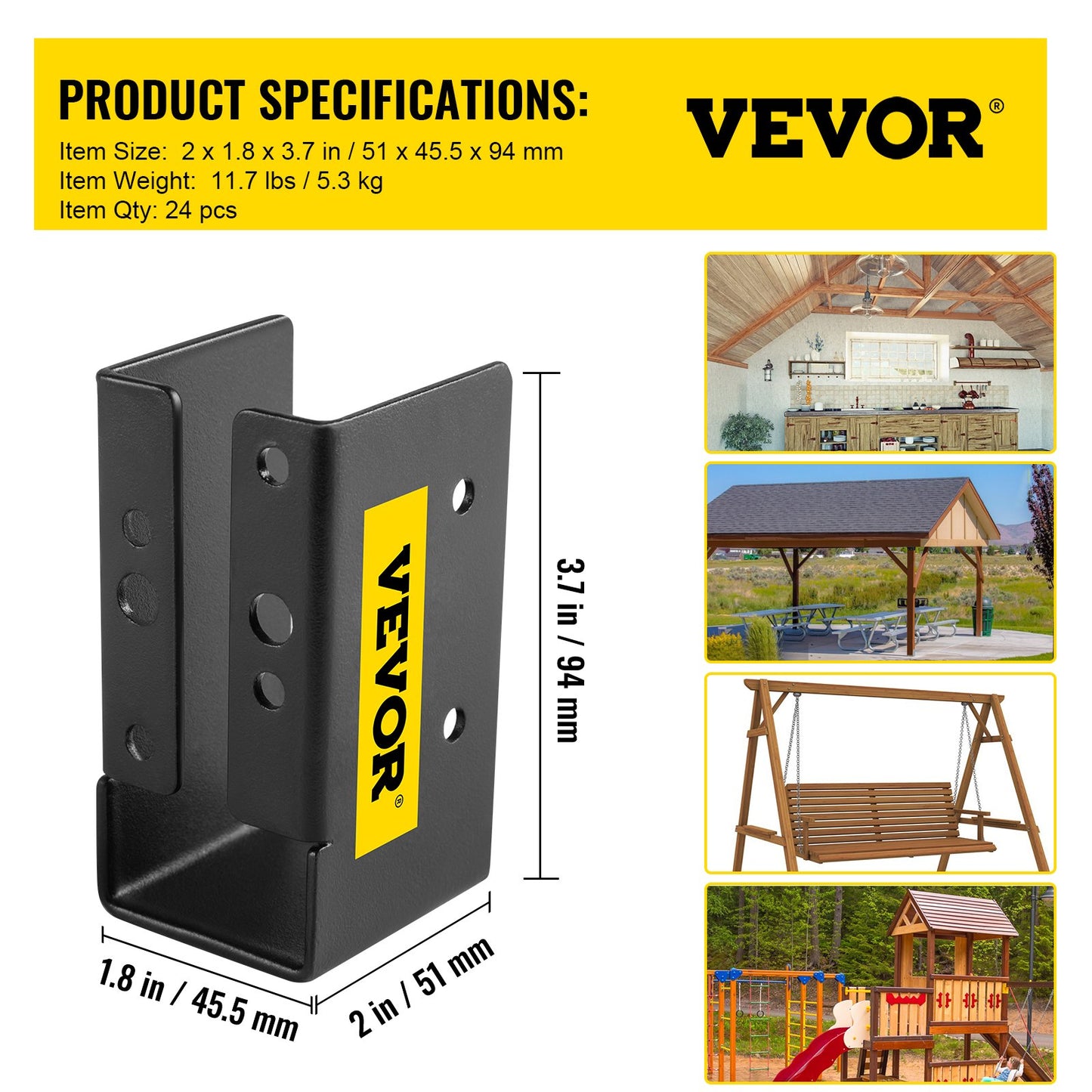 Concealed Joist Hanger, 2"x4" Outdoor Accent Concealed-Flange, Pack of 24 Concealed Joist Bracket, Q235 Steel Plate Powder-Coated Concealed Face Mount Joist Hanger Inner 40x91 mm for Beam Swing