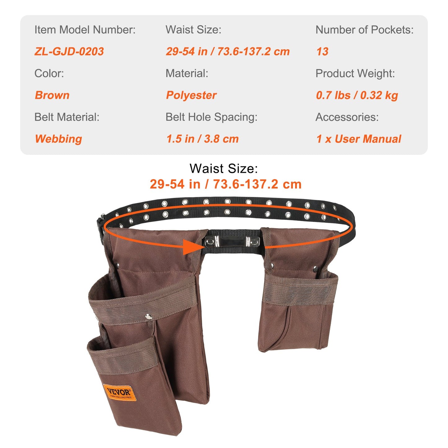 Tool Belt, Adjusts from 29 Inches to 54 Inches, Polyester Heavy Duty Tool Pouch Bag, Detachable Tool Bag for Electrician, Carpenter, Handyman, Woodworker, Construction, Framer, Brown