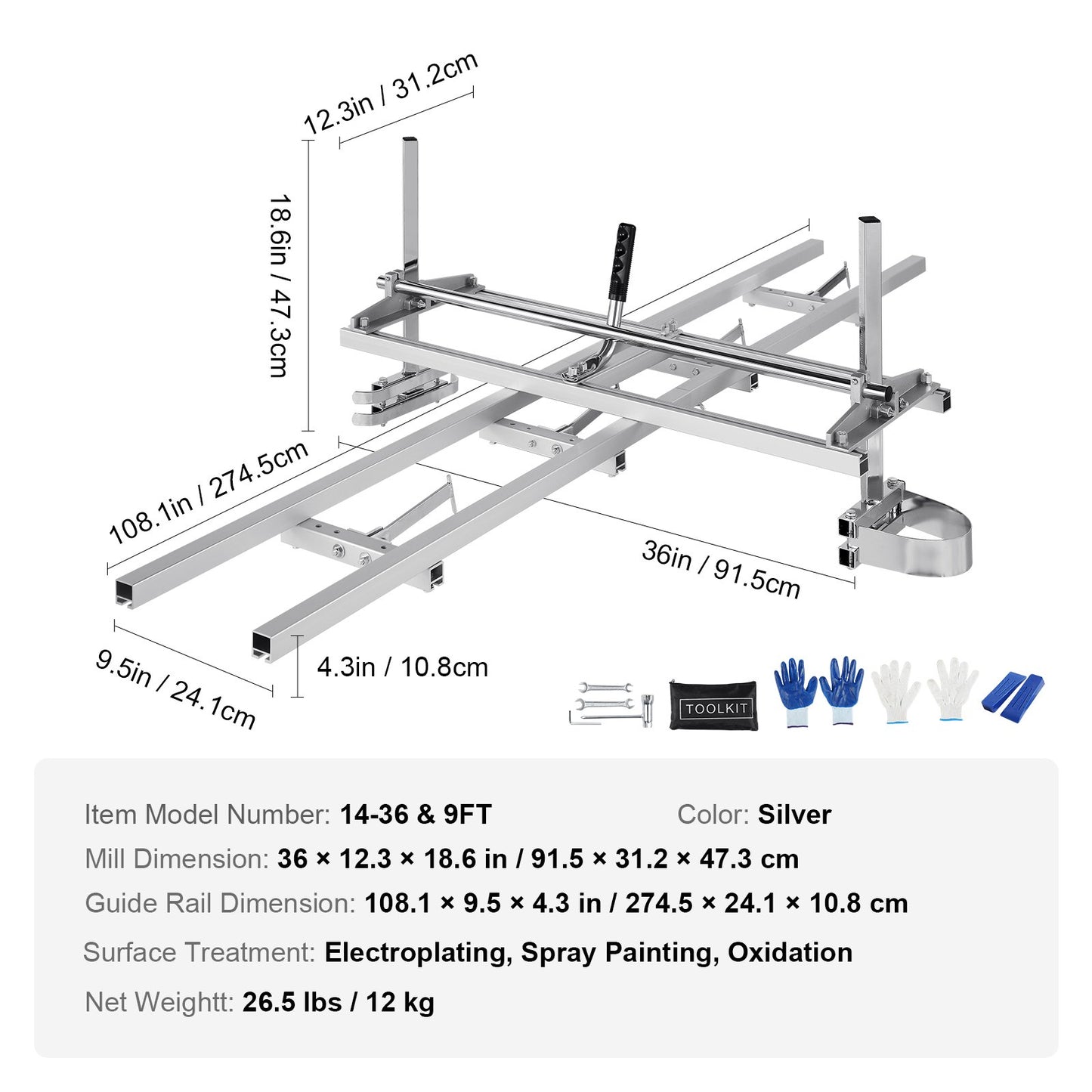 Chainsaw Mill and Rail Mill Guide System, Portable Sawmill 14"-36" Guide Bar, 9ft Aluminum Saw Milling Rail Guide with Chainsaw Planking Mill for Woodworkers and Carpenters