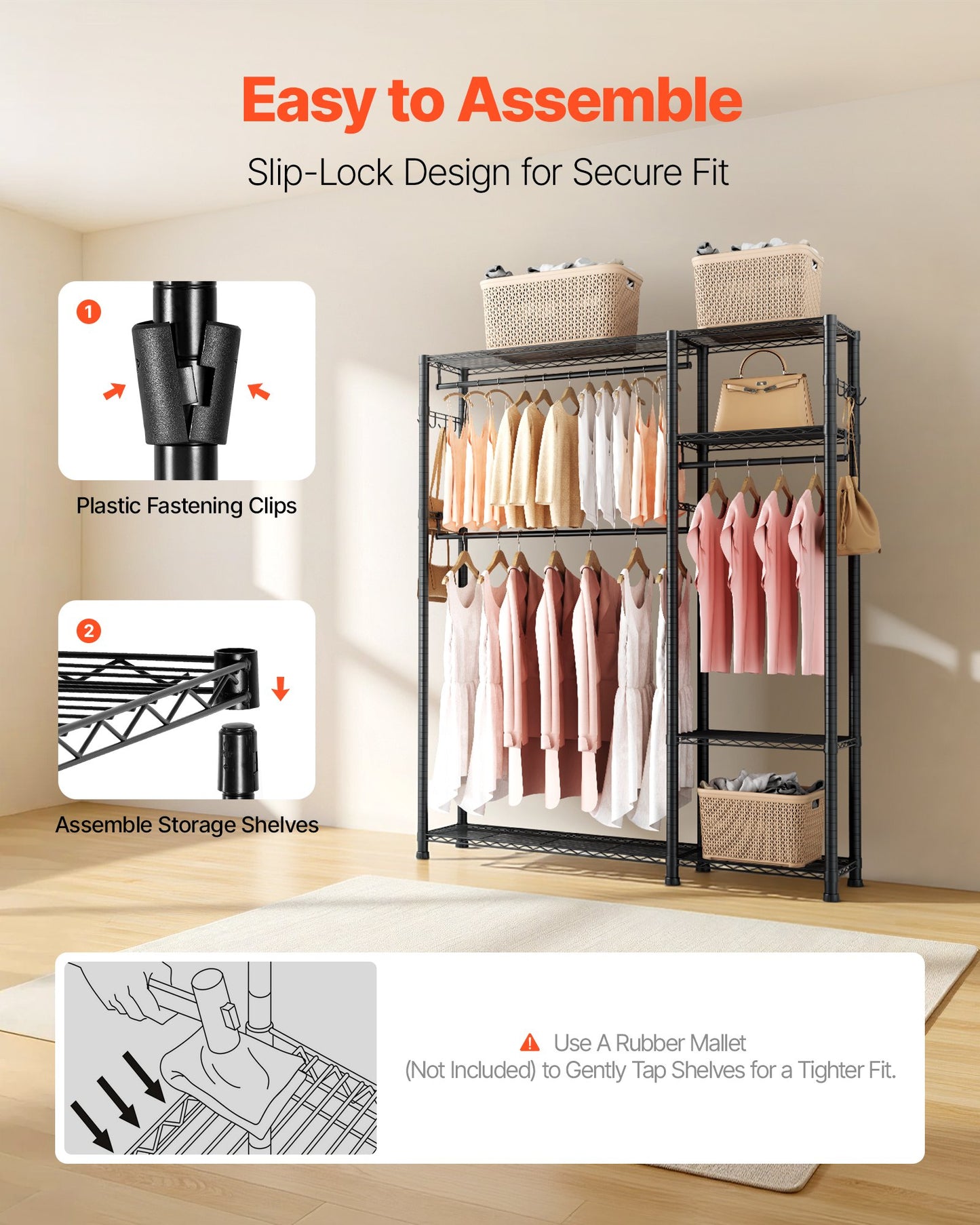 Clothing Garment Rack, Heavy Duty Clothes Rack, 6 Adjustable Tiers Clothes Racks with Steel Frame, 800 lbs Load Capacity Closet Wardrobe with 3 Hanging Rods for Bedroom, Clothing Store, Hallway