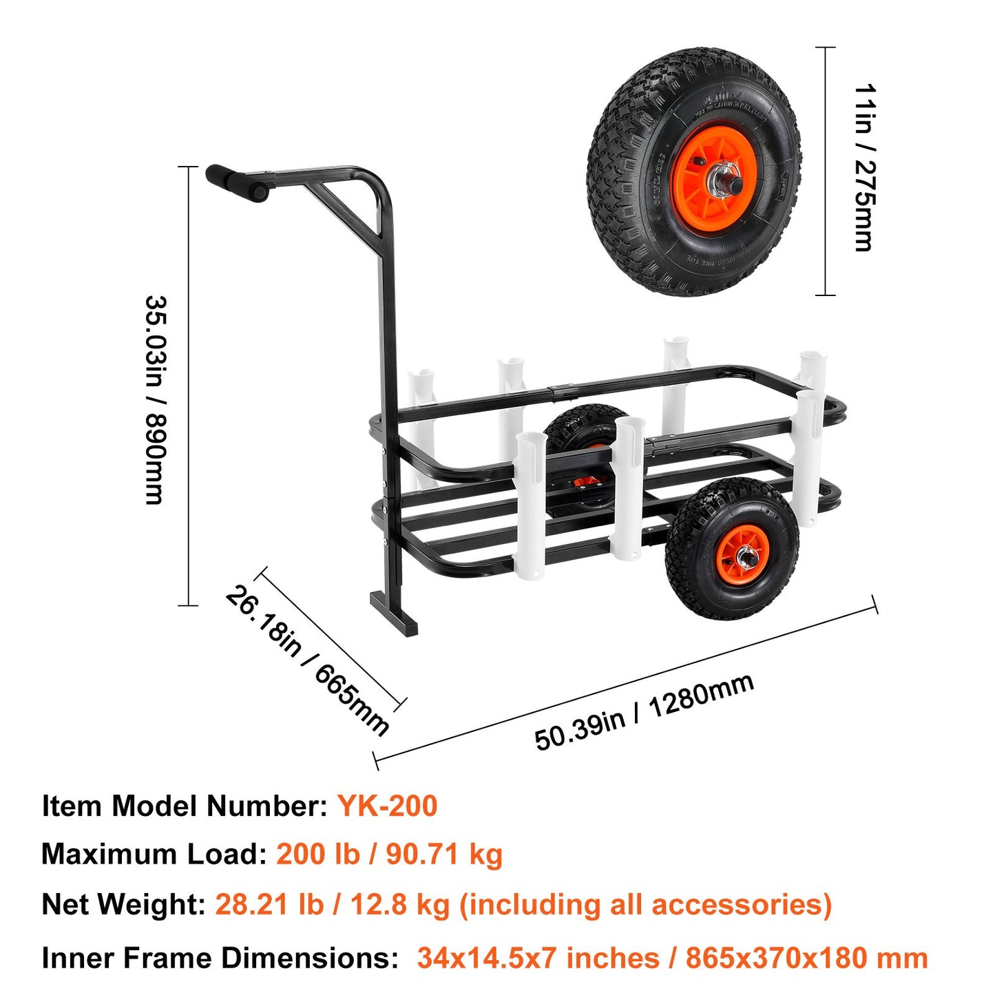 Beach Fishing Cart, 200 lbs Load Capacity, Fish and Marine Cart with Two 11" Big Wheels Rubber Balloon Tires for Sand, Heavy-Duty Steel Pier Wagon Trolley with 7 Rod Holders for Fishing, Picnic