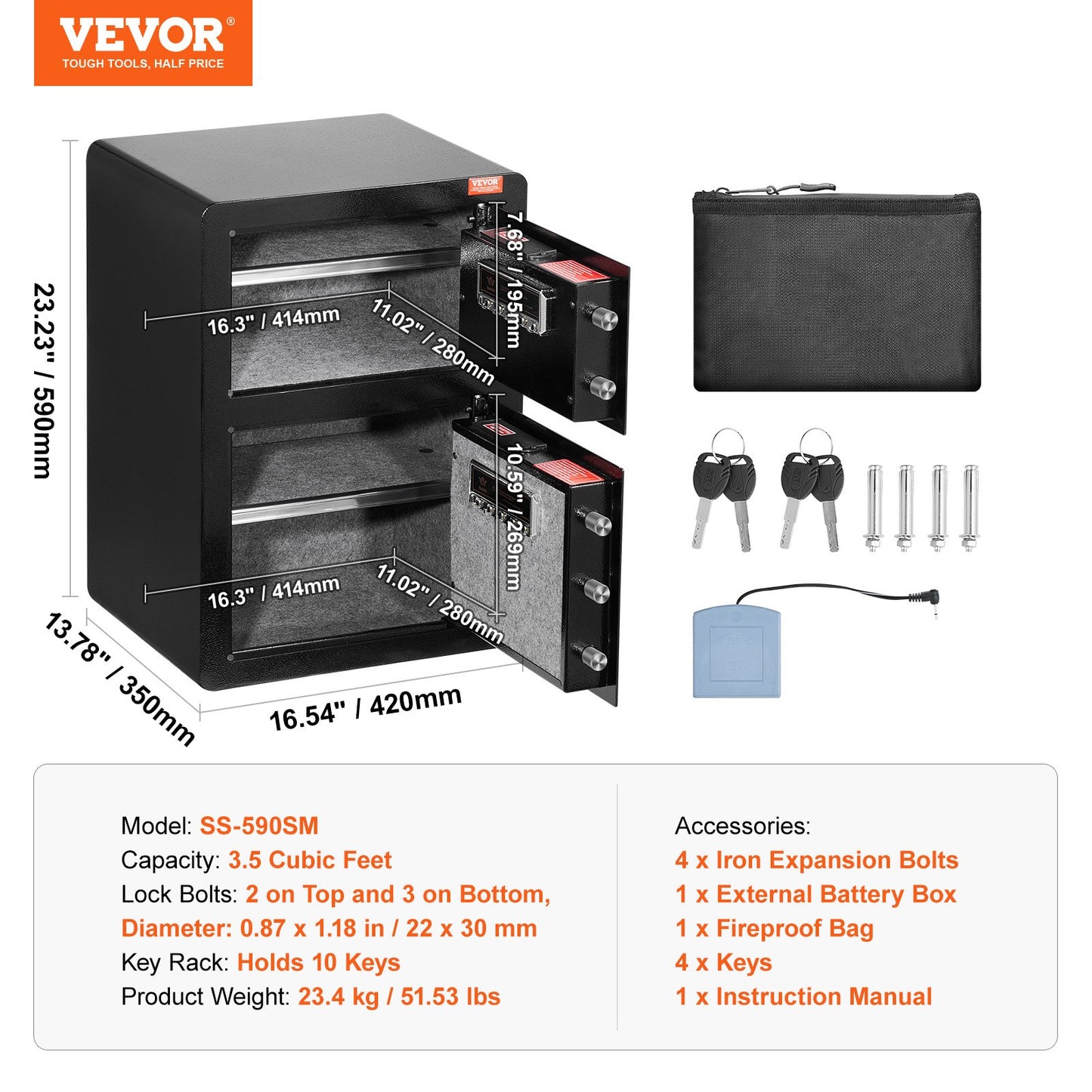 Double Doors 3.5 cu.ft Safe Box with Key Lock & Password, Safe Lock Box with Fireproof Bag, Key Rack, LED Light and 2 Height Adjustable and Removable Divider for Money, Documents, Jewelry and Valuables, Black