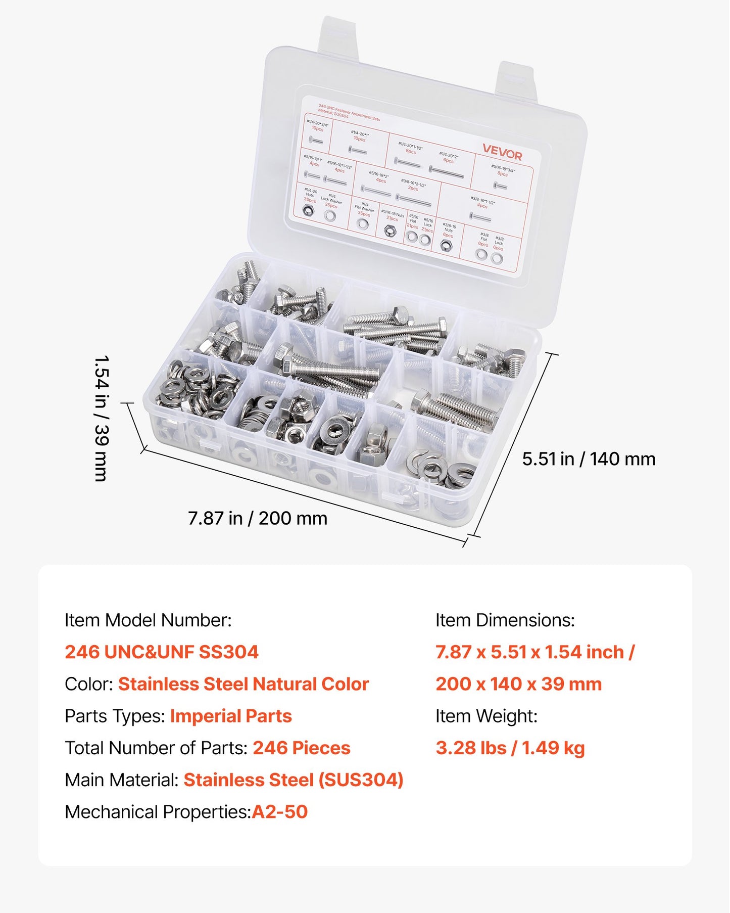 246 Pcs Bolts and Nuts Assortment Kit, Imperial Screws and Flat Washers, Stainless Steel 1/4-20,5/16-18,3/8-16, Spring Lock Washers for Furniture / Equipment /Vehicle Assembly with Case