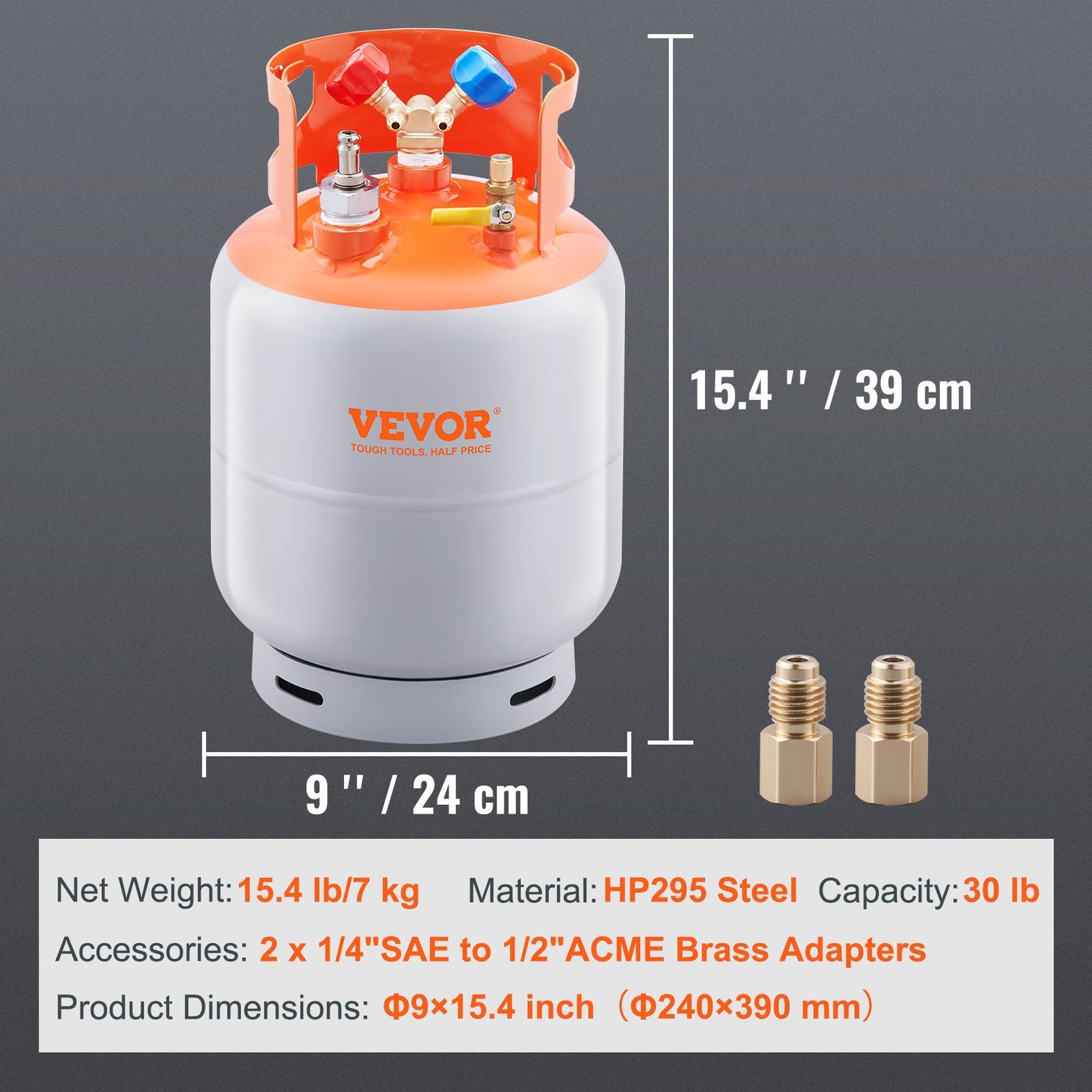 Refrigerant Recovery Tank with Float Switch - 30 lb. Capacity ac Recovery Tank with ¼ to ½ Adaptor, Reusable Recovery Tank HVAC for All Refrigerant, Prevent Overflow, with Trace Amount of N₂