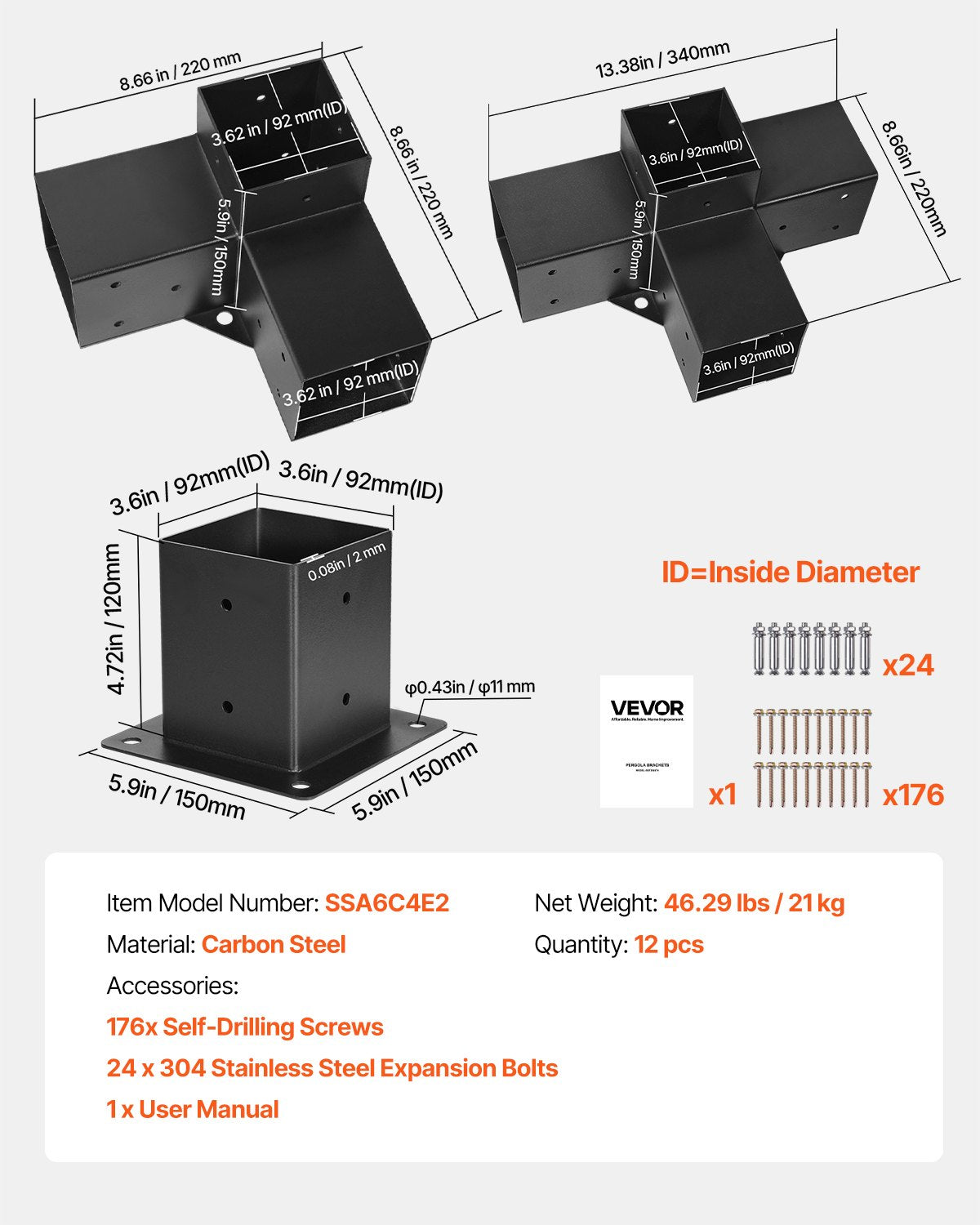 Pergola Kit, 4x4 Inch Pergola Brackets for 3.5x3.5 Inch Wood Beams in Actual Dimension, 3-Way (4 Pcs) and 4-Way (2 Pcs) Gazebo Brackets with 6 Post Bases, for Outdoor Pergolas, Gazebos, Sheds