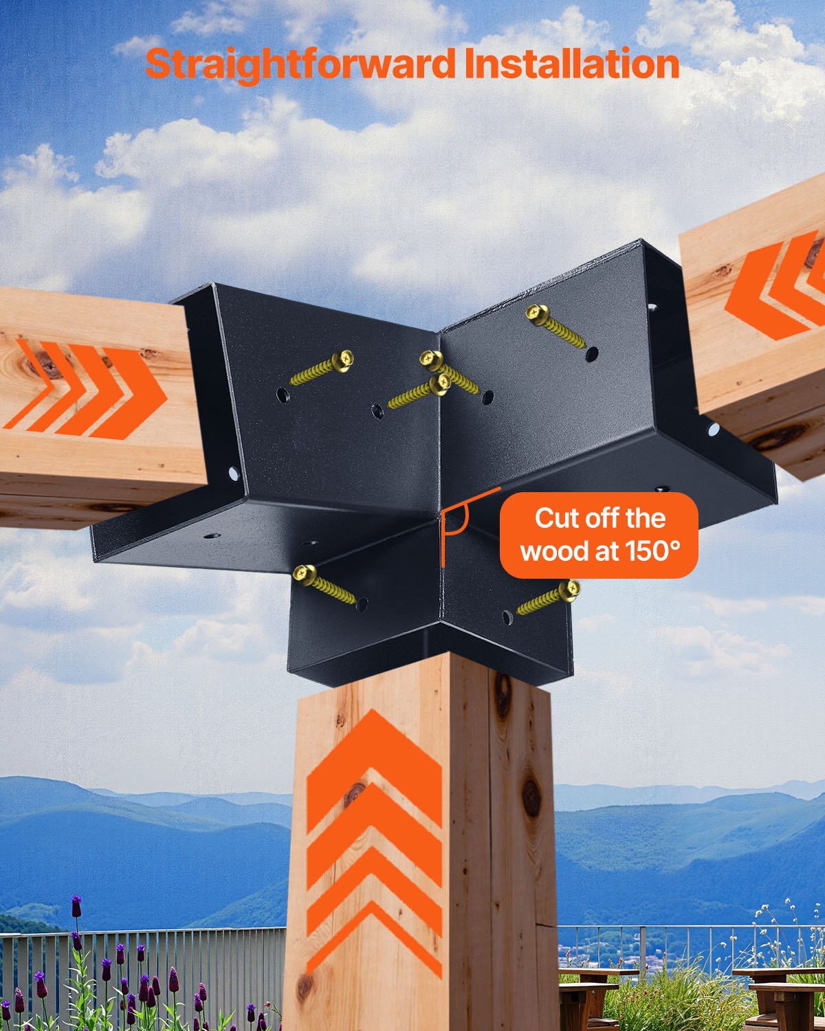 Pergola Kit, 4x4 Inch 3-Way Slanted Bracket for 3.5x3.5 Inch Wood Beams in Actual Size, Carbon Steel Pergola Bracket with Screws and Post Bases, for Outdoor Wood Pergolas, Gazebos, Sheds, 8 Pcs