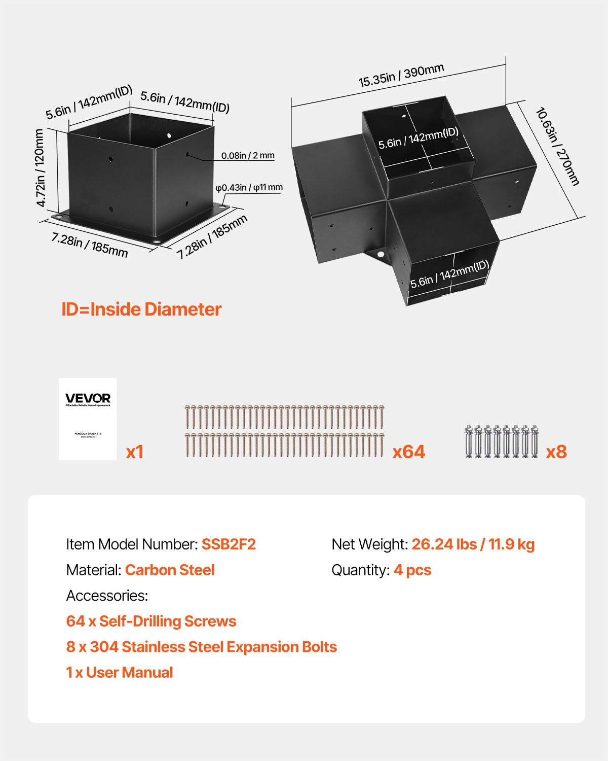 Pergola Bracket Kit, 6x6 Inch (Inner Size 5.5x5.5), 2 Pcs 4-Way Heavy Duty Corner Bracket Woodworks DIY Post Base Kit, Easy Installation Wooden Beams for Gazebos, Patio Pergolas, Log Cabin