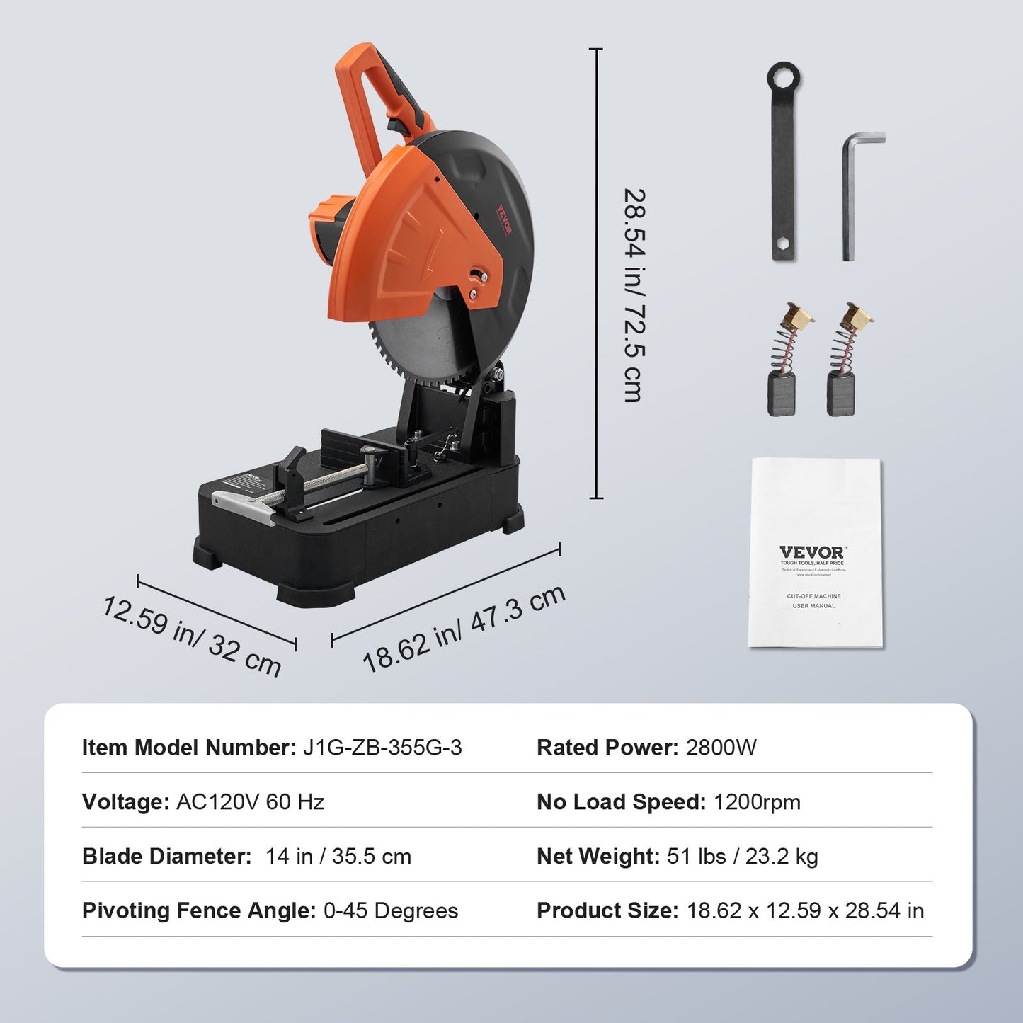 Chop Saw, 14"/355mm Blade Diameter Cut Off Saw, 2800W 1200RPM Steel Cutting Machine, 0-45° Adjustable Dry Cut Chop Saw, Miter Saw for Cutting Metal Cold Cut Saw for Steel/Rebar/Iron/Aluminum