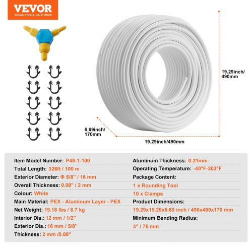 PEX-AL-PEX Pipe, 328 Feet, 5/8'' Diameter Aluminum-Plastic Composite Pipe Oxygen Barrier Radiant Floor PEX Pipe, 0.08'' Thickness Radiant Heat Floor Plumbing Inner Aluminum Layer PEX Pipe Tube | EU