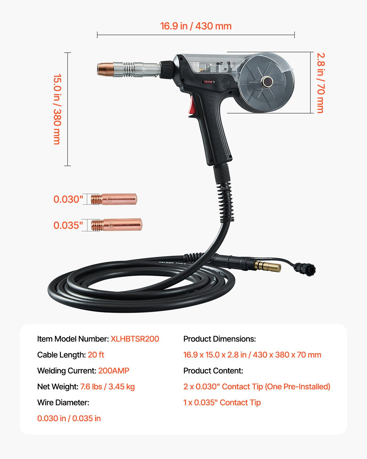 200Amp Spool Gun with 20FT Cable, Compatible with Hobart lronMan 240 Mig Welders, Suitable for 0.030" and 0.035" Flux Core/Solid/Aluminum Welding Wires