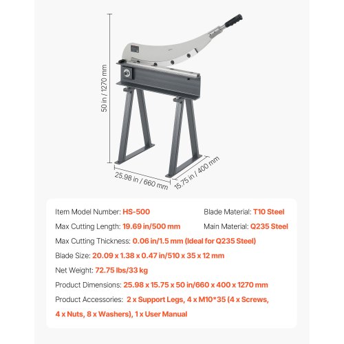 Giljotinsax, 500 mm bäddbredd bänkskärare, manuell handplåtsax för metallplåtbearbetning, med Q235-material, hög precision, stativ, för kretskort, aluminium, stål, koppar, plast | EU