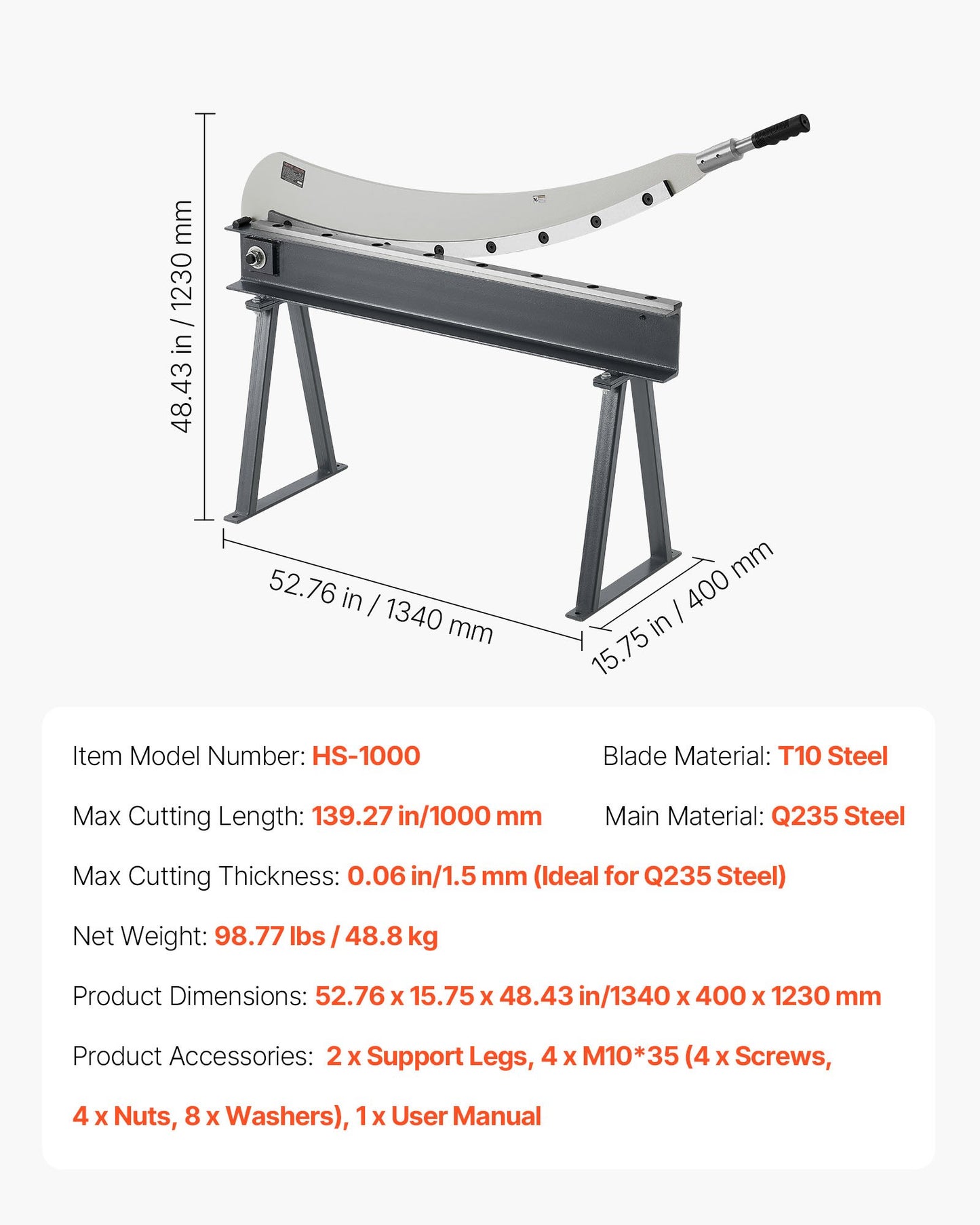 Guillotine Shear, 39 in Bed Width Benchtop Cutter, Manual Hand Plate Shear for Metal Sheet Processing, with Q235 Material, High Precision, Stand, for PCB Board, Aluminum, Steel, Copper, Plastic