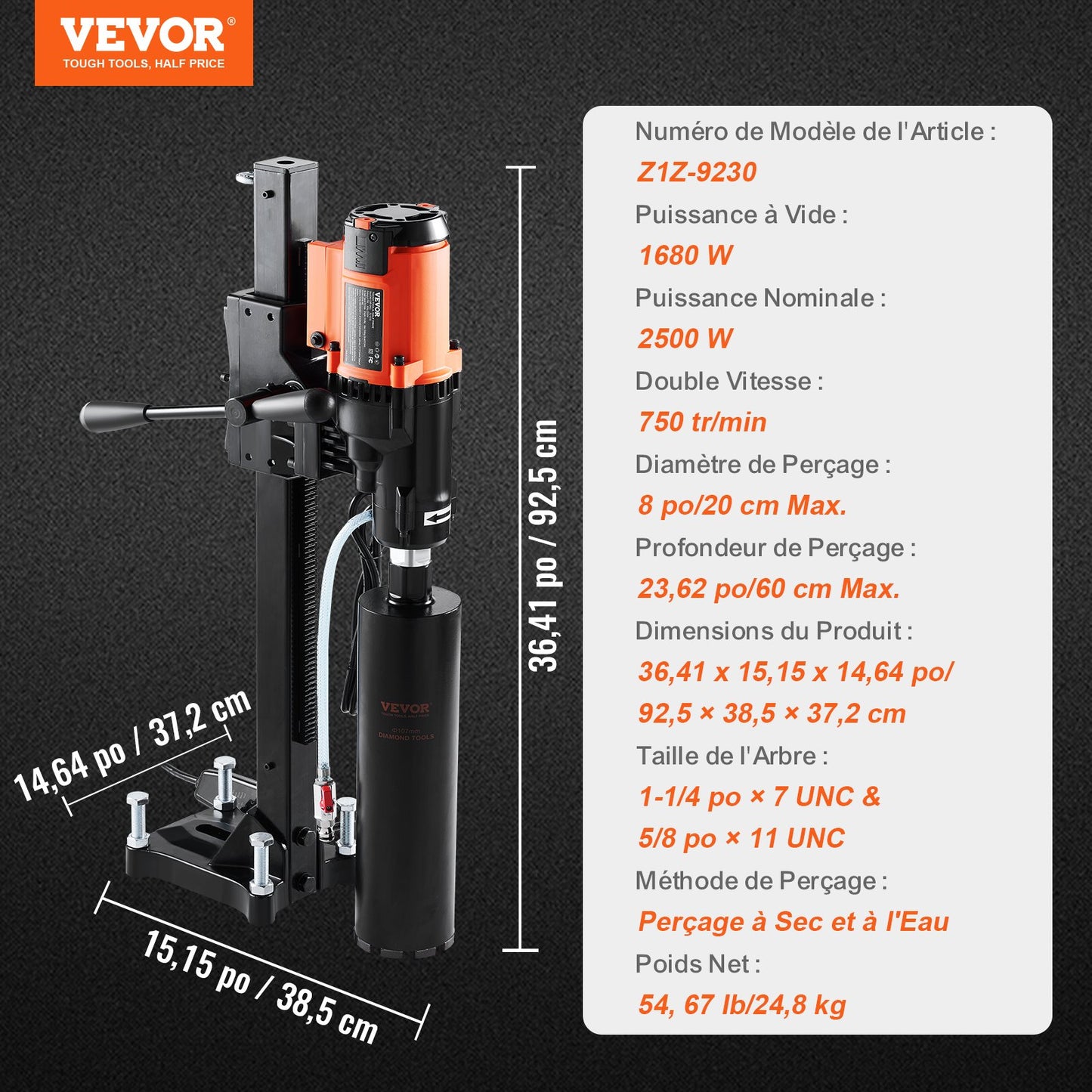 Diamond Core Drilling Machine, 8in Wet&Dry Concrete Core Drill Rig with Stand, 750RPM Speed & 1-1/4" 5/8" Thread & Lifting Handle, 8in Drilling Diameter for Concrete Brick Block Stone, 2500W