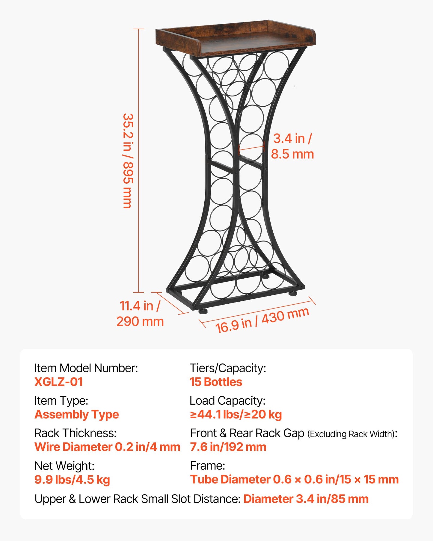 15 Bottle Wine Rack, Freestanding Floor, Wine Holder Stand Liquor Cabinet with Glass Holder Wood Tabletop, Easy Assembly Floor Storage Rack, for Home Bar Kitchen Living Room Dining Room, Black