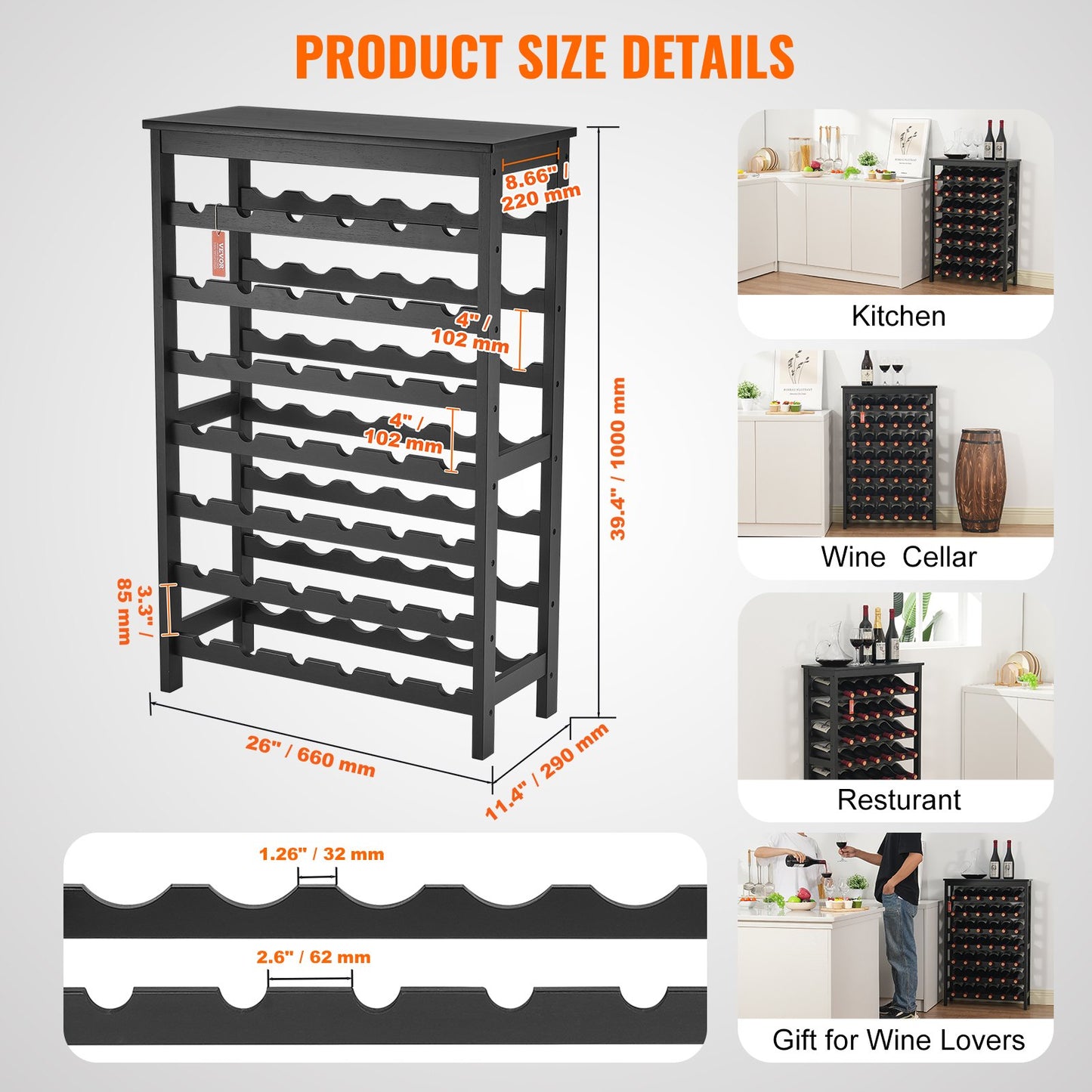 42 Bottle Modular Wine Rack, 7-Tier Solid Bamboo Wood Storage Racks with Table Top, Floor Freestanding Wines Holder Display Shelf, Wobble-Free Shelves for Kitchen, Bar, and Cellar (Black)