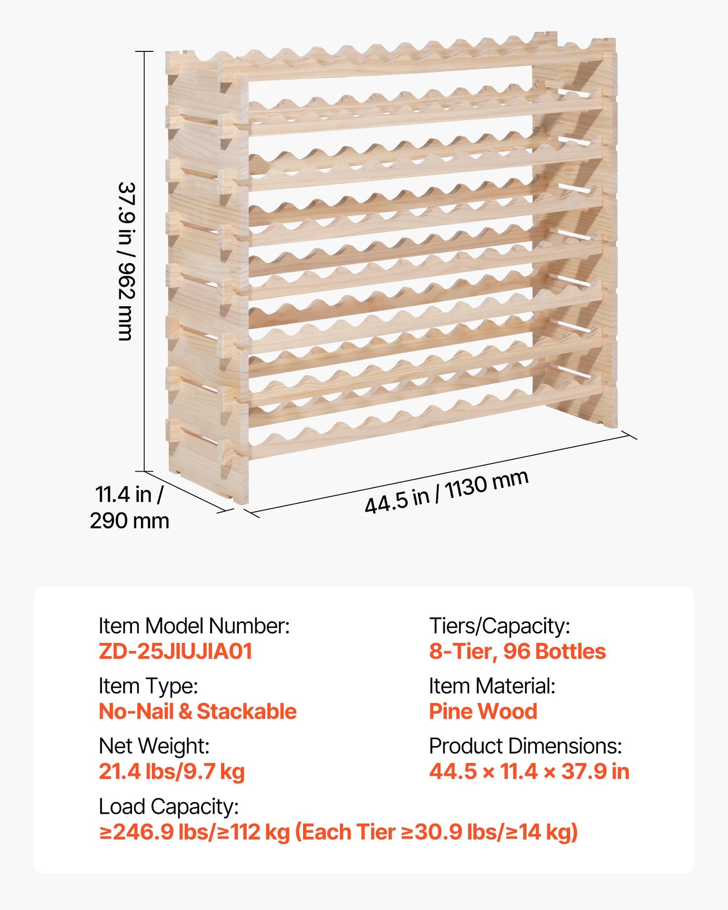 96 Bottle Stackable Modular Wine Rack, 8-Tier, Floor Freestanding Wine Storage Rack, Solid Wood Wines Display Shelf, Wobble-Free Shelves, Easy Assembly, for Kitchen, Cellar, and Bar, Natural