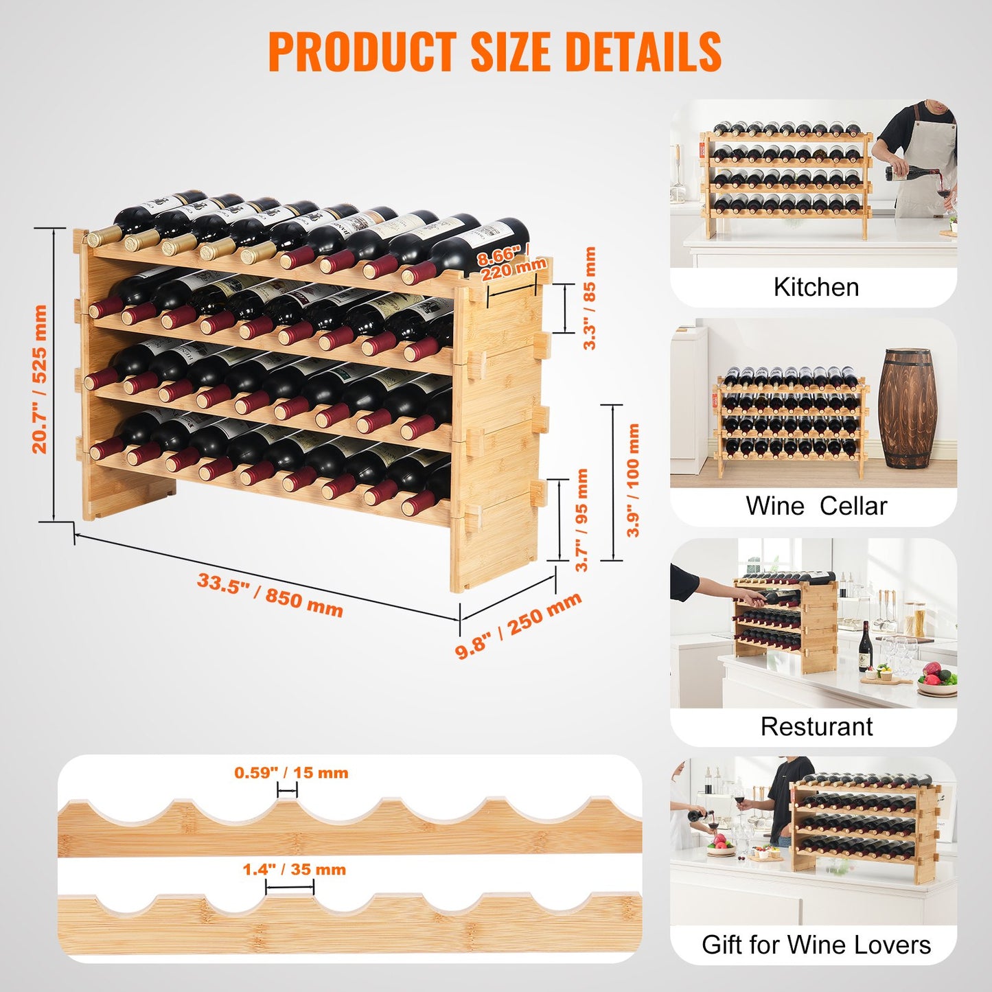 36 Bottle Stackable Modular Wine Rack, 4-Tier Solid Bamboo Wood Storage Racks, Floor Freestanding Wines Holder Display Shelf, Wobble-Free Shelves for Kitchen, Bar, and Cellar (Natural Color)